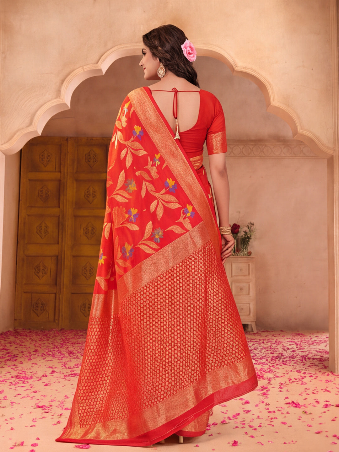 Red Color Weaving Work Cotton Saree By Jaipur Kurti
