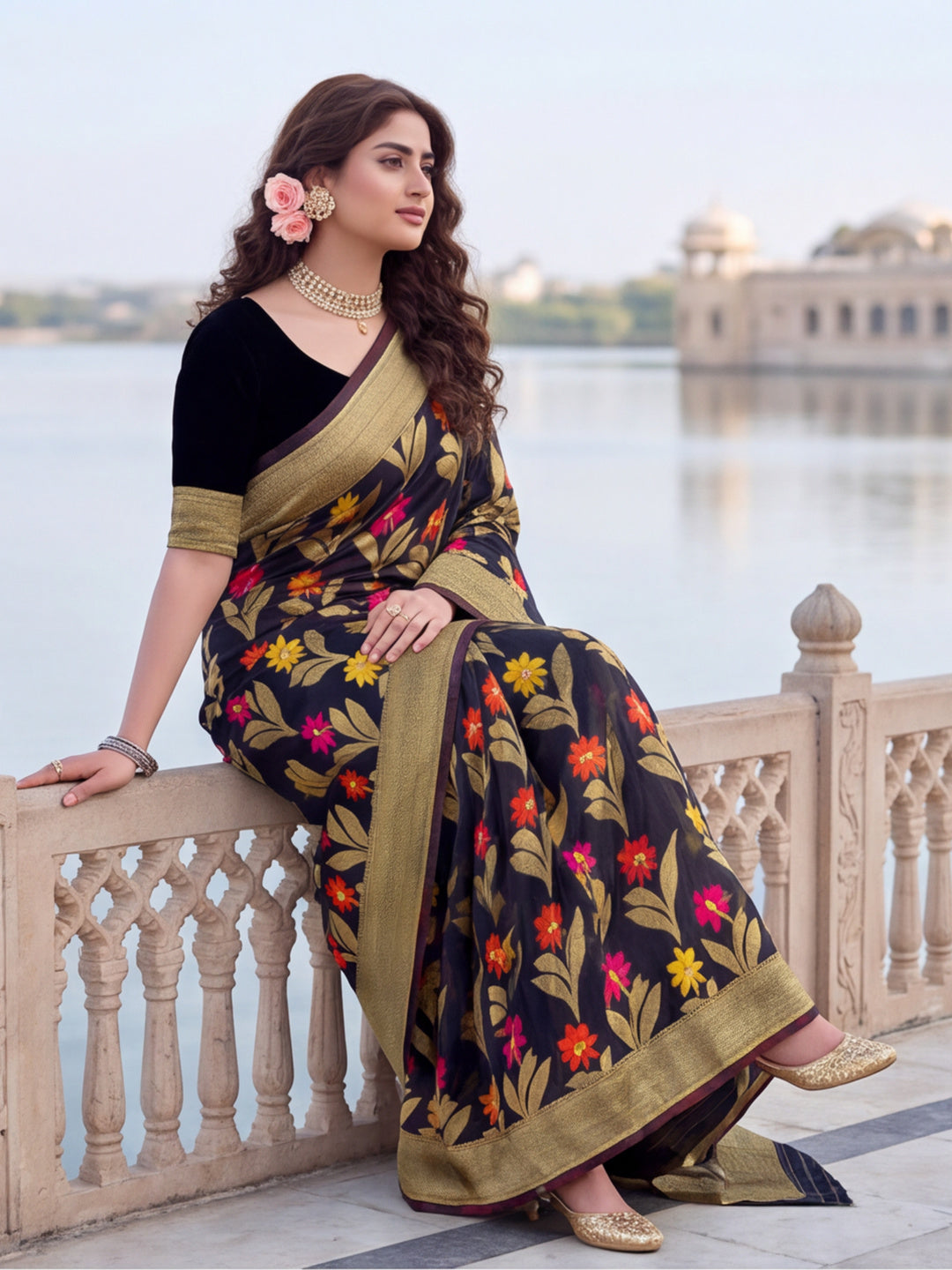 Black Color Weaving Work Cotton Saree By Jaipur Kurti