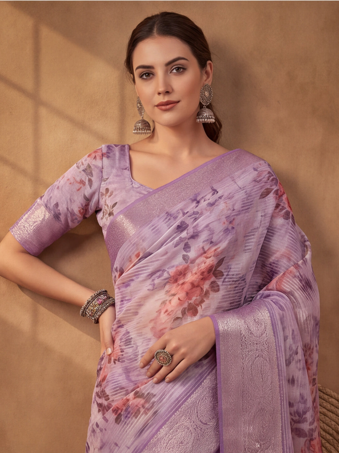 Lavender Tusser Silk Saree with Elegant Digital Artwork – By Jaipur Kurti