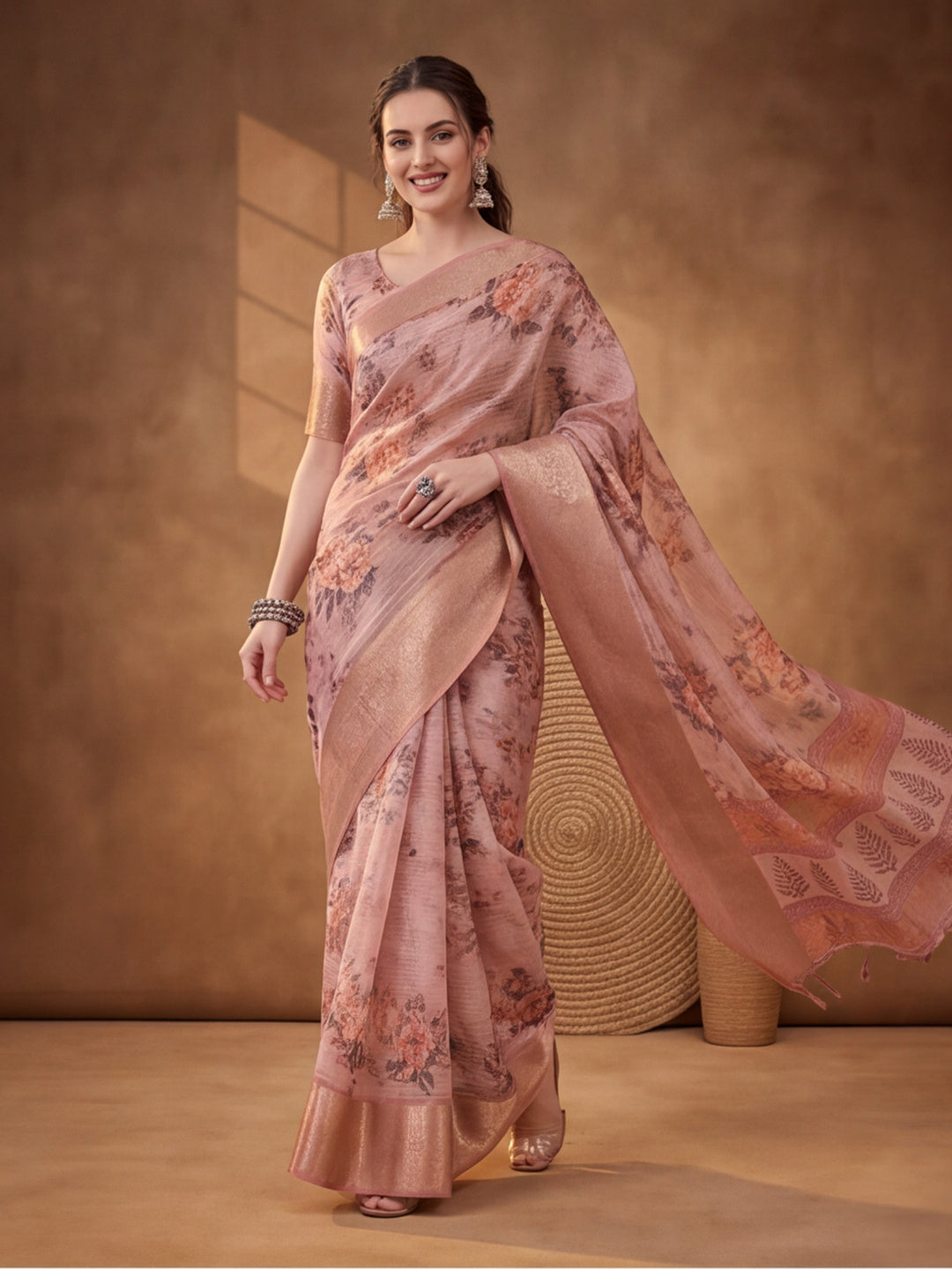 Peach Tusser Silk Saree with Subtle and Sophisticated Digital Prints – By Jaipur Kurti