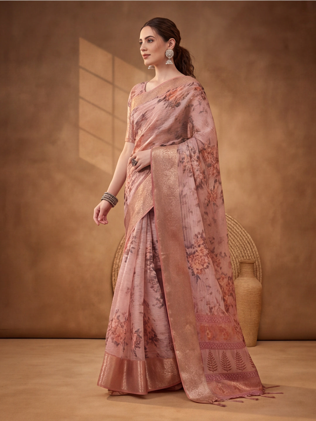 Peach Tusser Silk Saree with Subtle and Sophisticated Digital Prints – By Jaipur Kurti