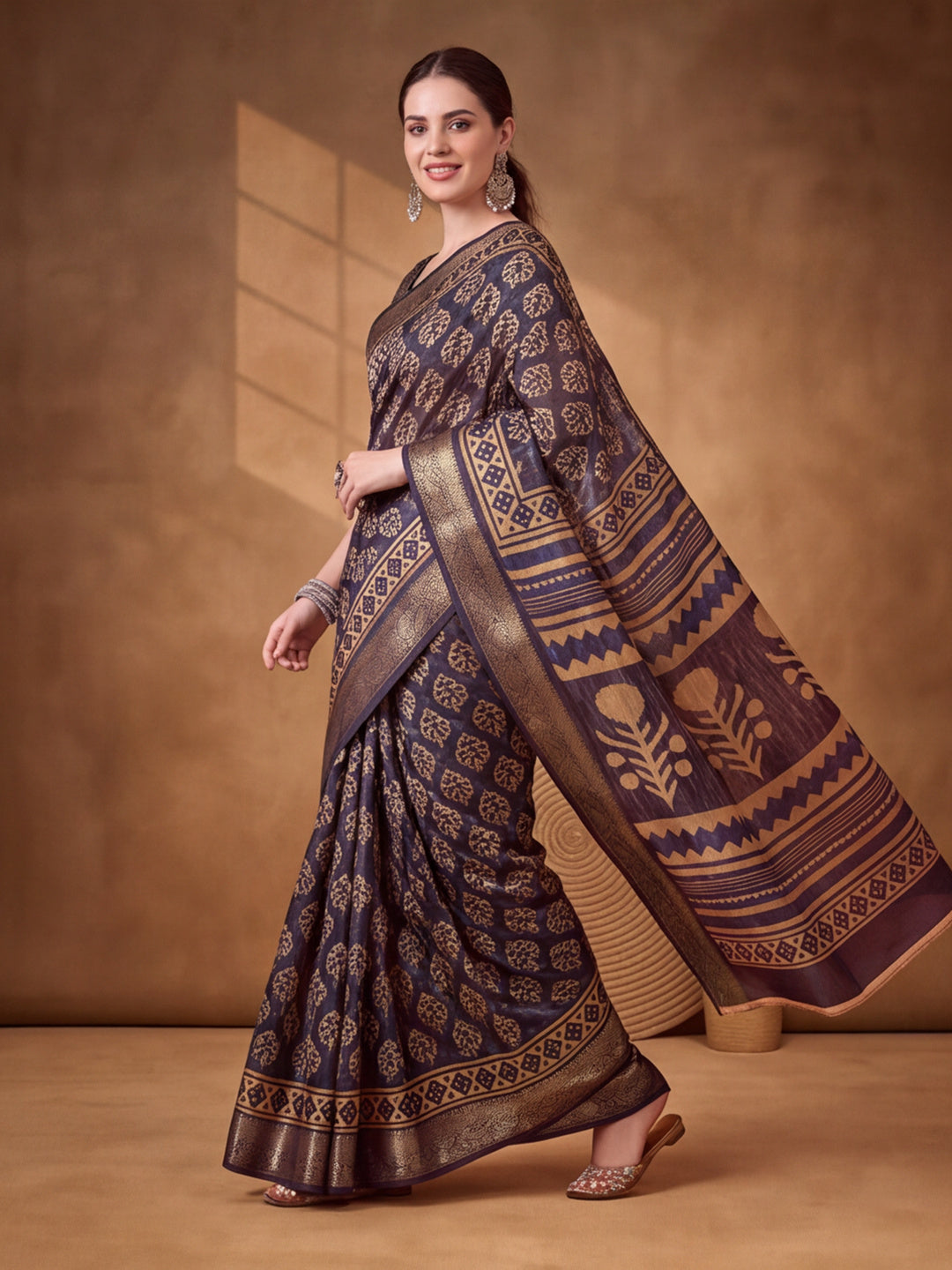 Dark Blue Moss Chiffon Silk Saree with Contemporary Digital Motifs – By Jaipur Kurti