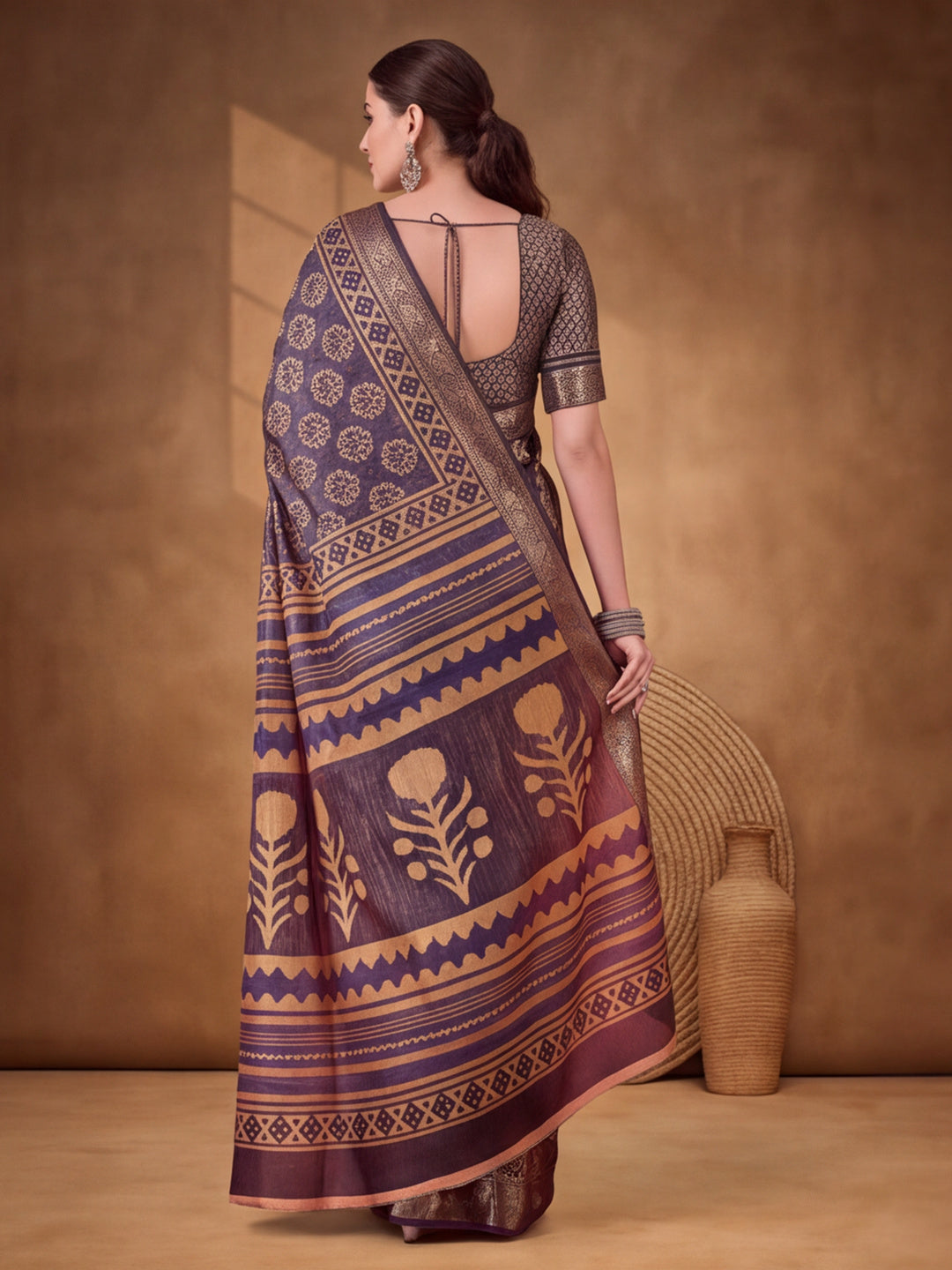 Dark Blue Moss Chiffon Silk Saree with Contemporary Digital Motifs – By Jaipur Kurti