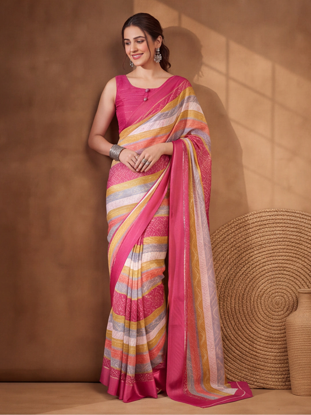 Pink Moss Chiffon Saree with Stunning Floral Digital Prints – By Jaipur Kurti