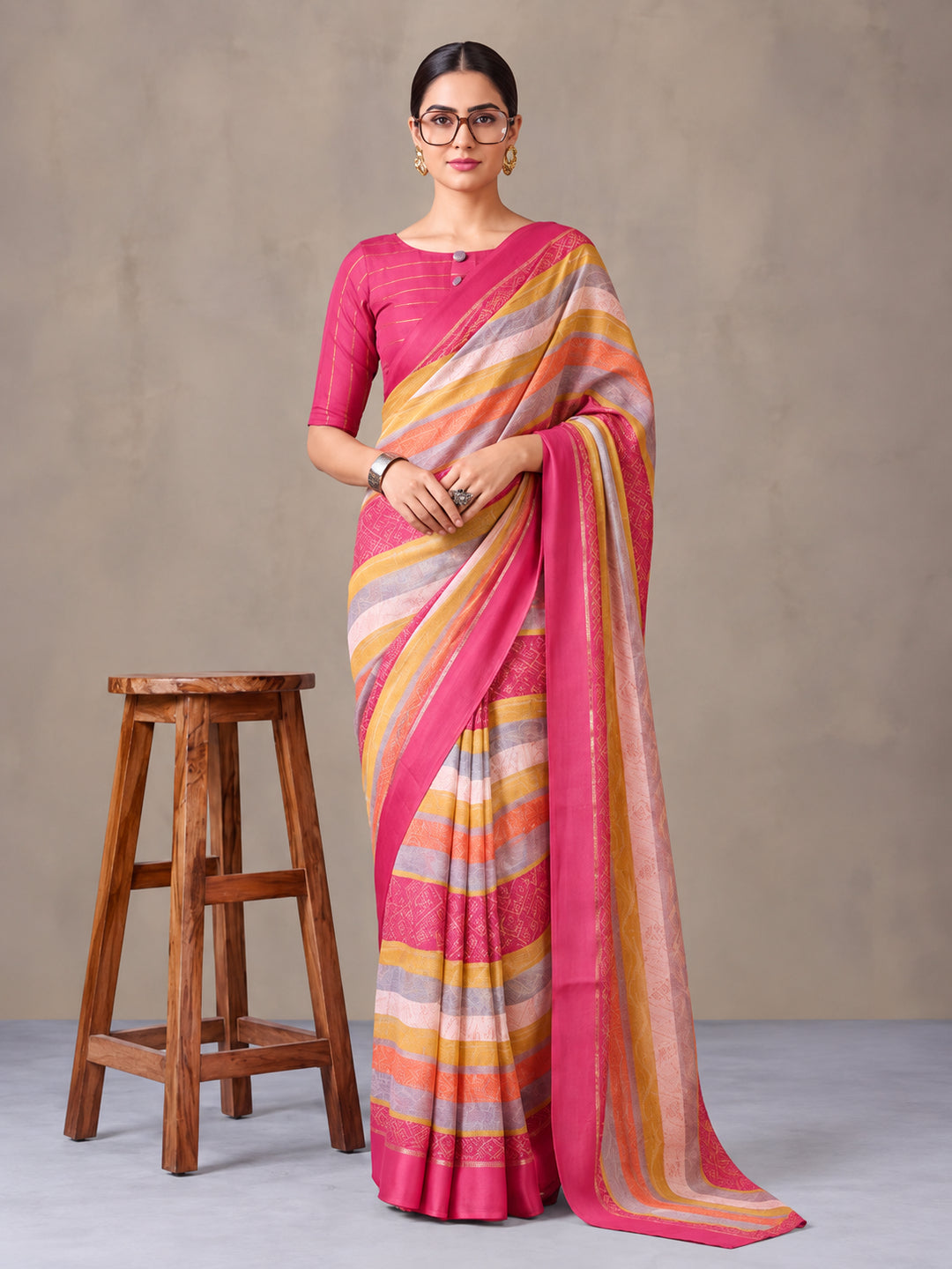 Pink Moss Chiffon Saree with Stunning Floral Digital Prints – By Jaipur Kurti