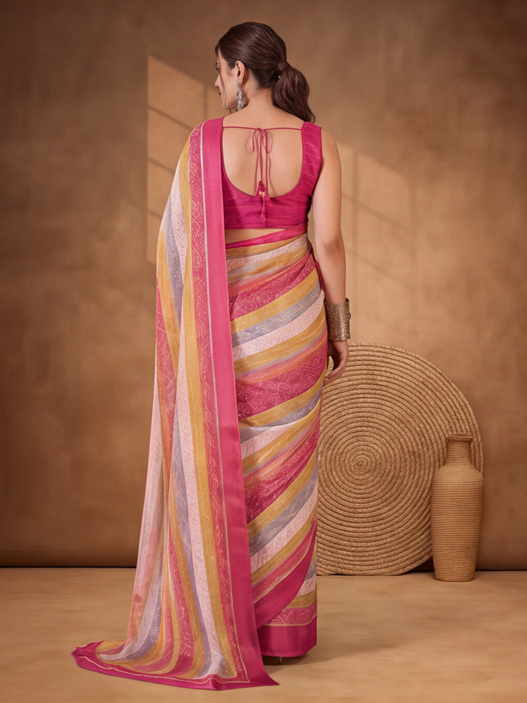 Pink Moss Chiffon Saree with Stunning Floral Digital Prints – By Jaipur Kurti