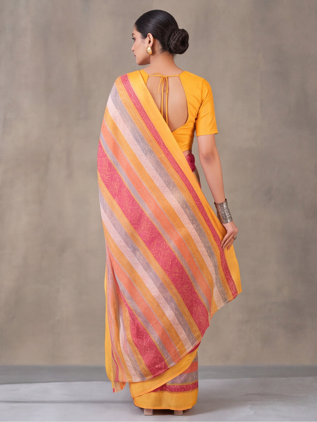 Yellow Moss Chiffon Saree with Contemporary Digital Design – By Jaipur Kurti