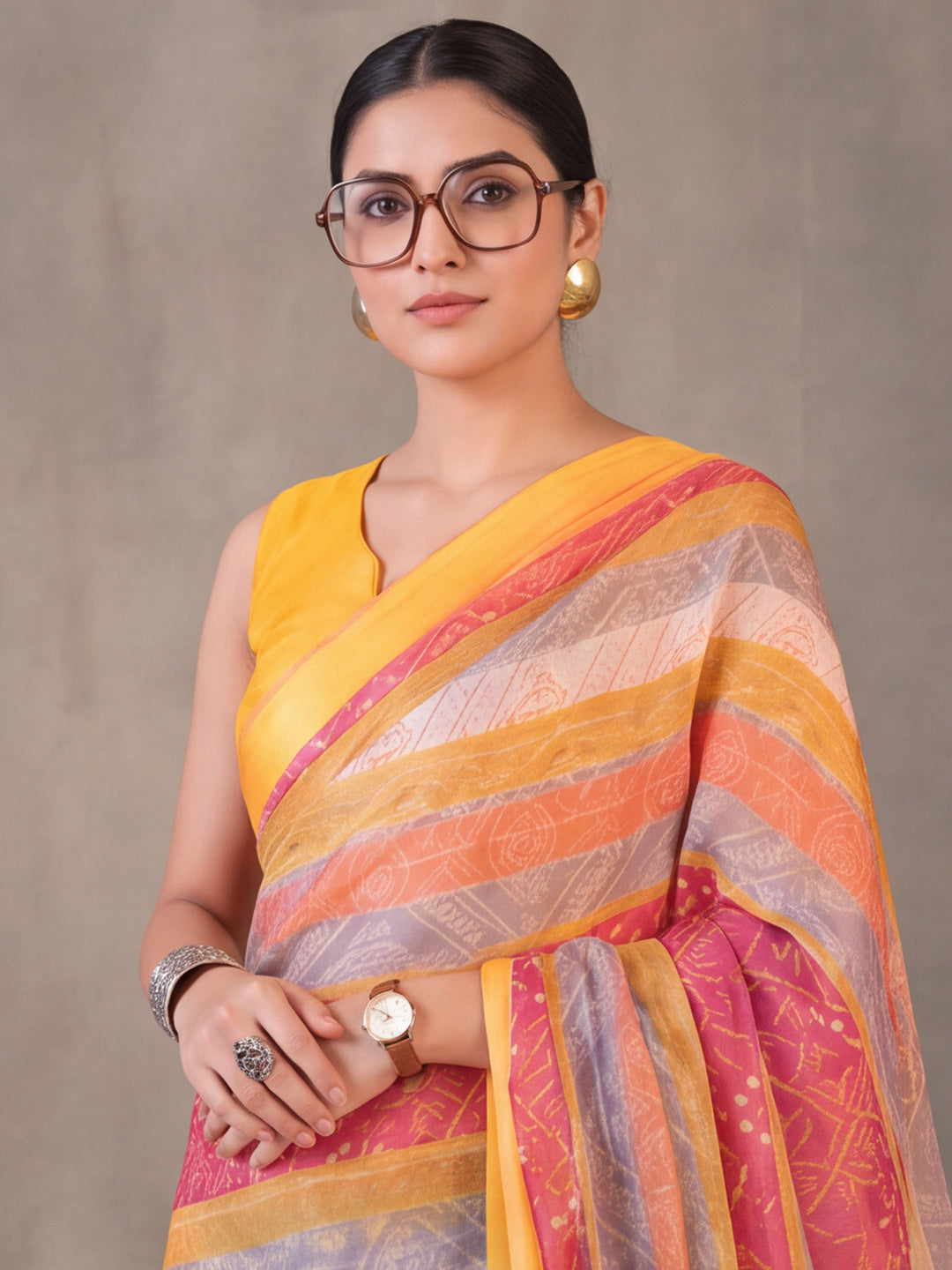 Yellow Moss Chiffon Saree with Contemporary Digital Design – By Jaipur Kurti