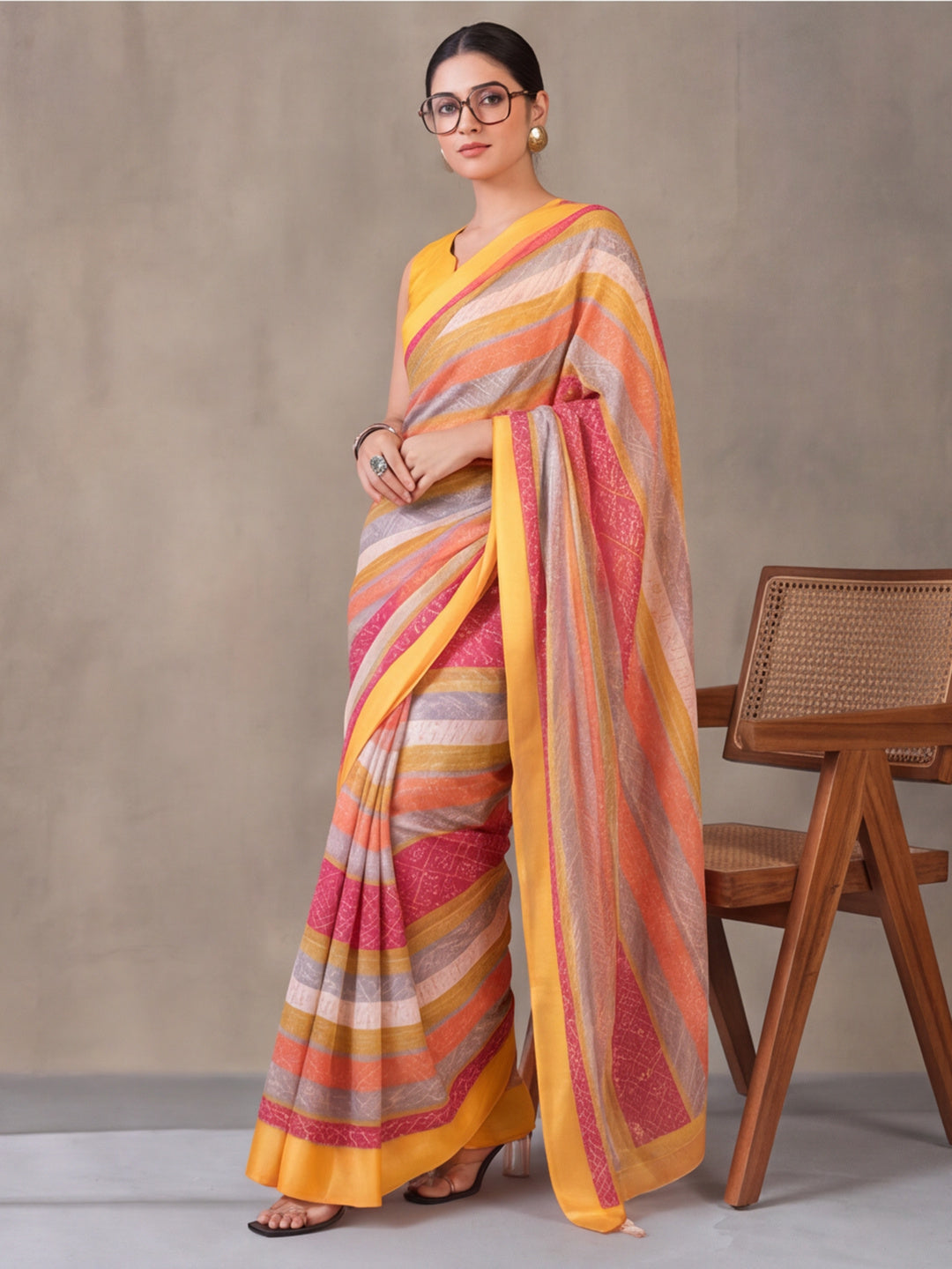 Yellow Moss Chiffon Saree with Contemporary Digital Design – By Jaipur Kurti
