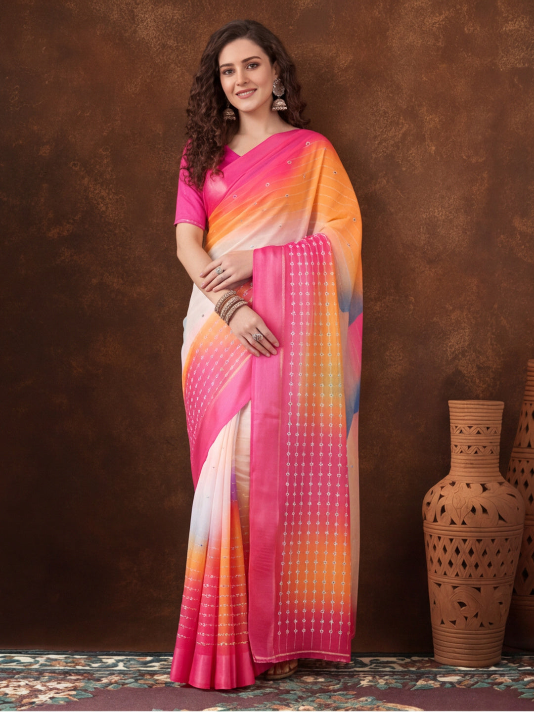 Trendy Multicolor Moss Chiffon Saree with All-Over Digital Print – By Jaipur Kurti