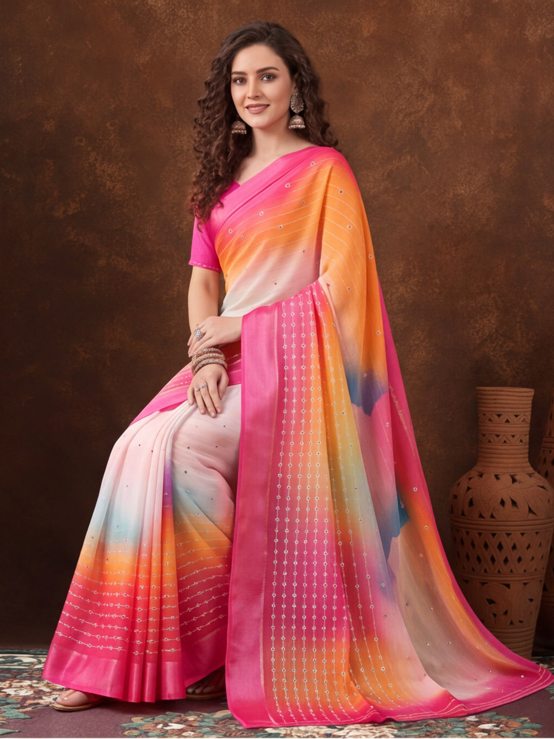 Trendy Multicolor Moss Chiffon Saree with All-Over Digital Print – By Jaipur Kurti