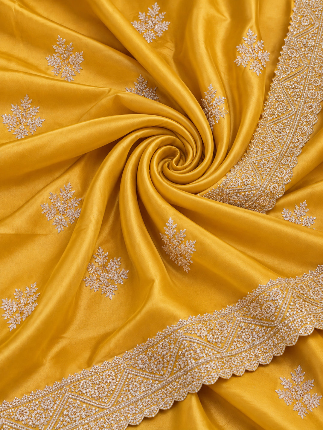 Mustard Gold Crush Saree with Vibrant Embroidered Work by Jaipur Kurti