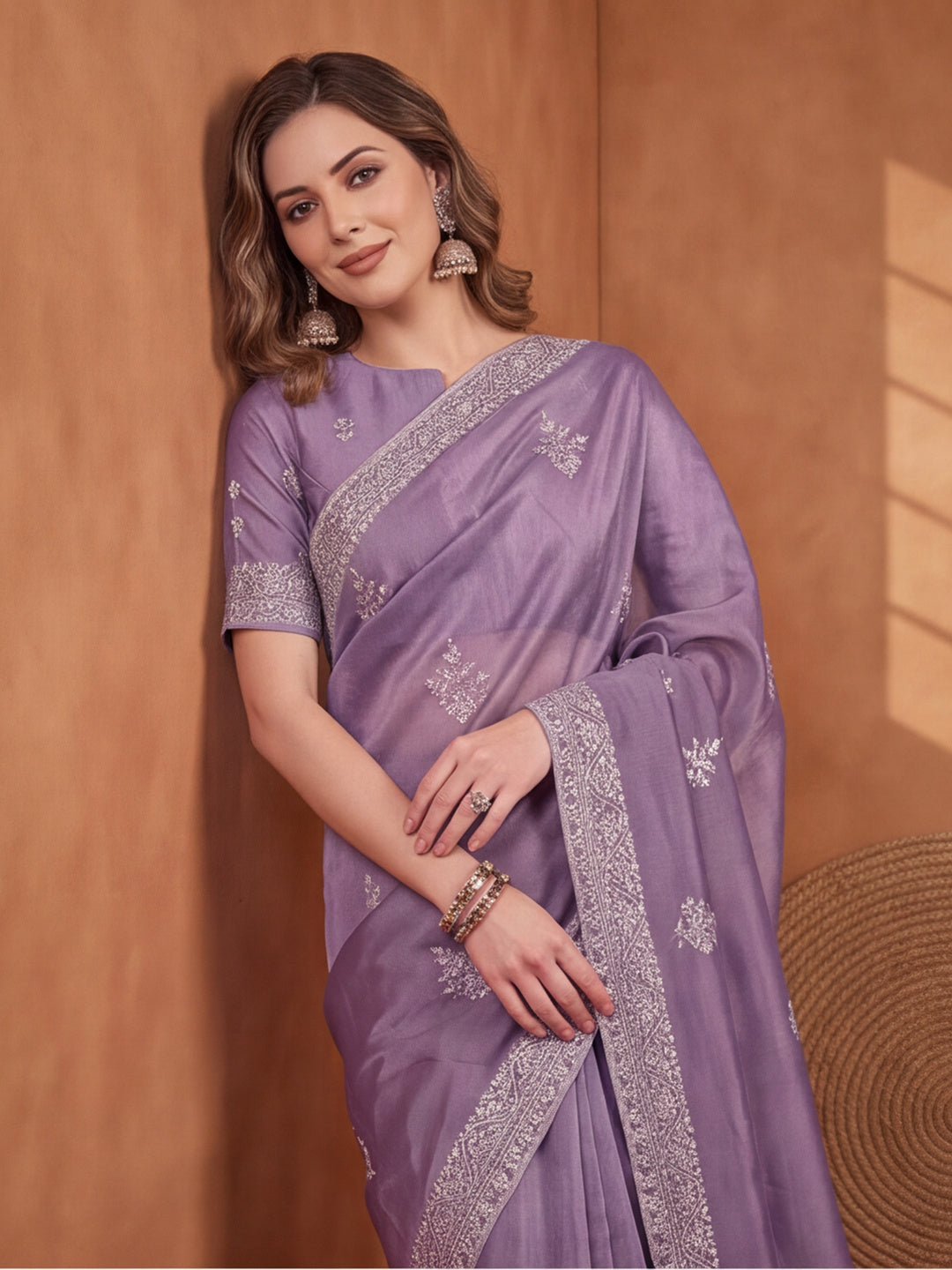 Purple Gold Crush Saree with Regal Embroidered Detailing by Jaipur Kurti
