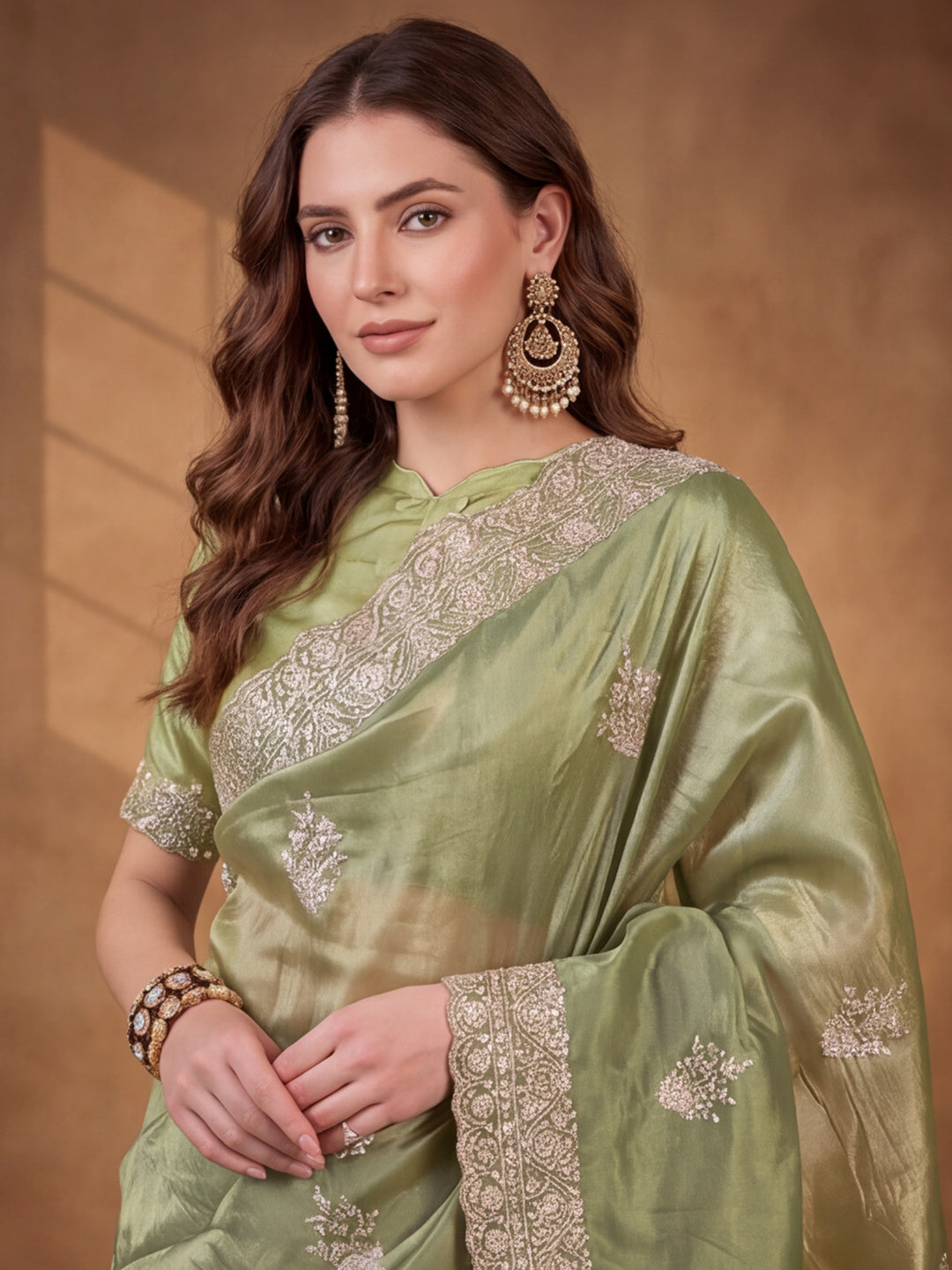 Sea Green Gold Crush Saree with Graceful Embroidered Highlights by Jaipur Kurti
