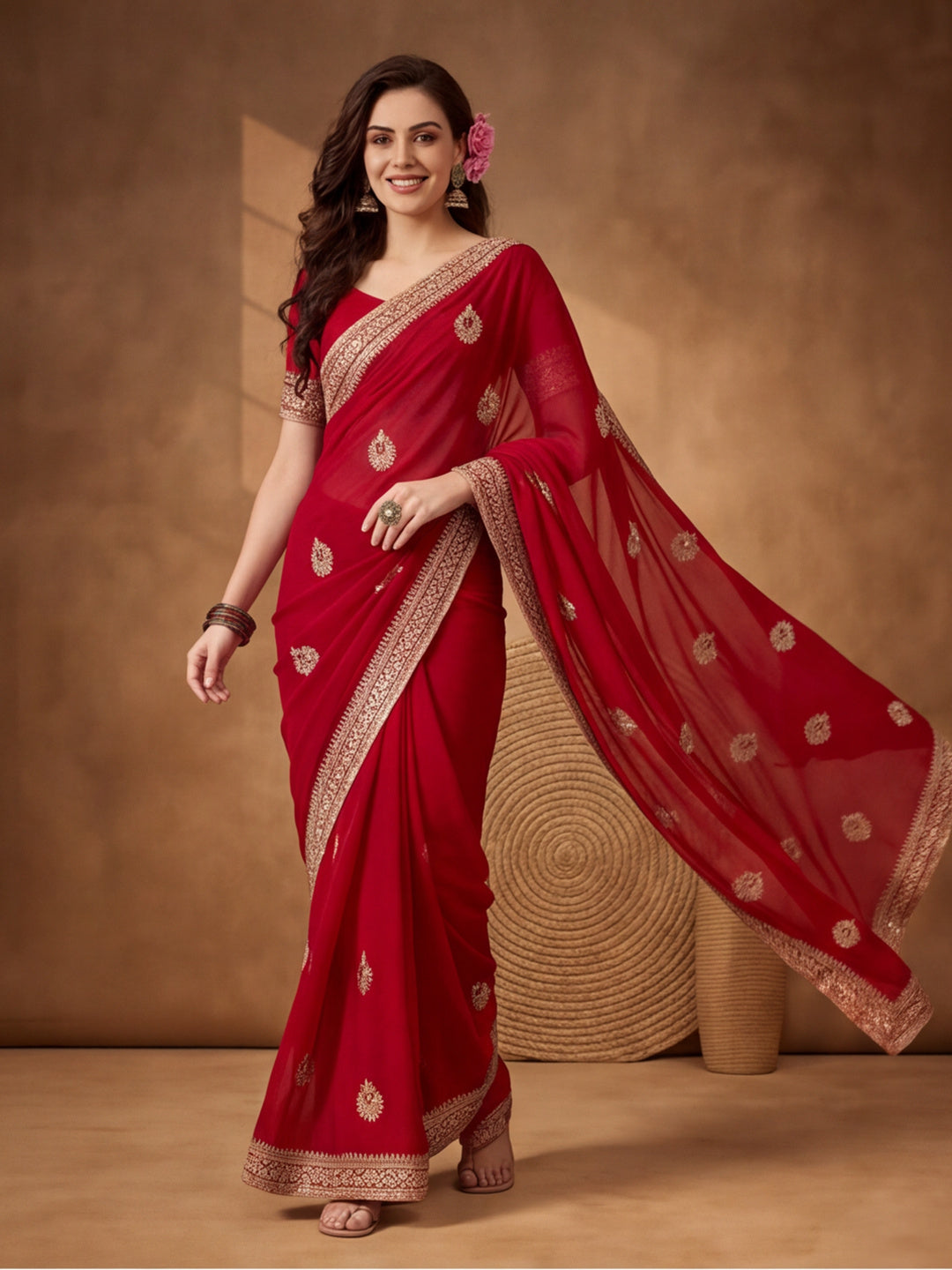 Red Georgette Saree with Embroidered Elegance by Jaipur Kurti