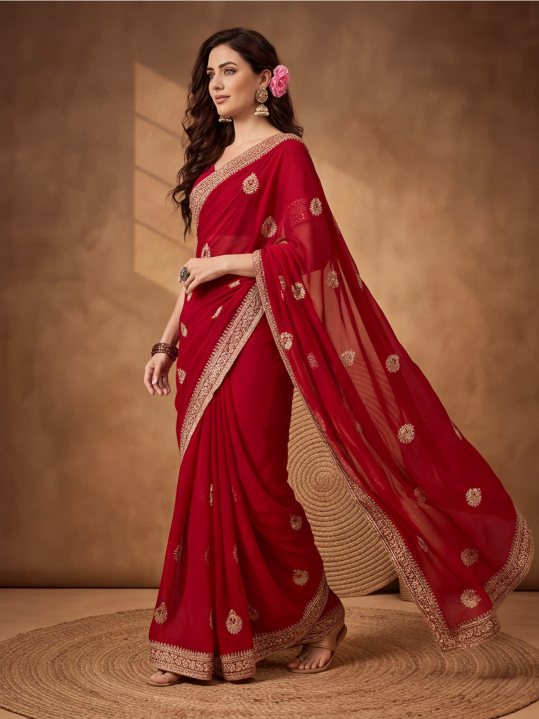 Red Georgette Saree with Embroidered Elegance by Jaipur Kurti
