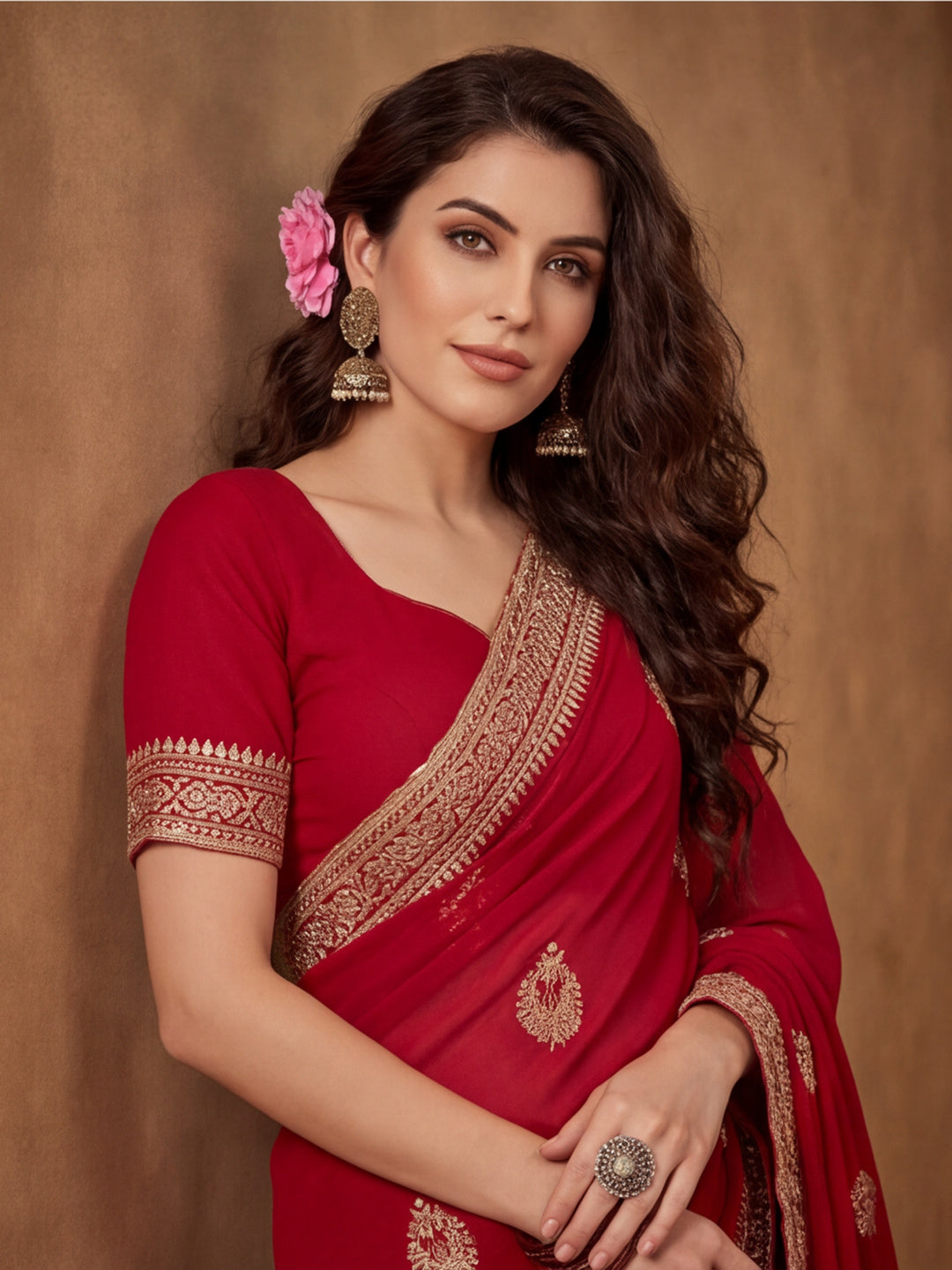 Red Georgette Saree with Embroidered Elegance by Jaipur Kurti