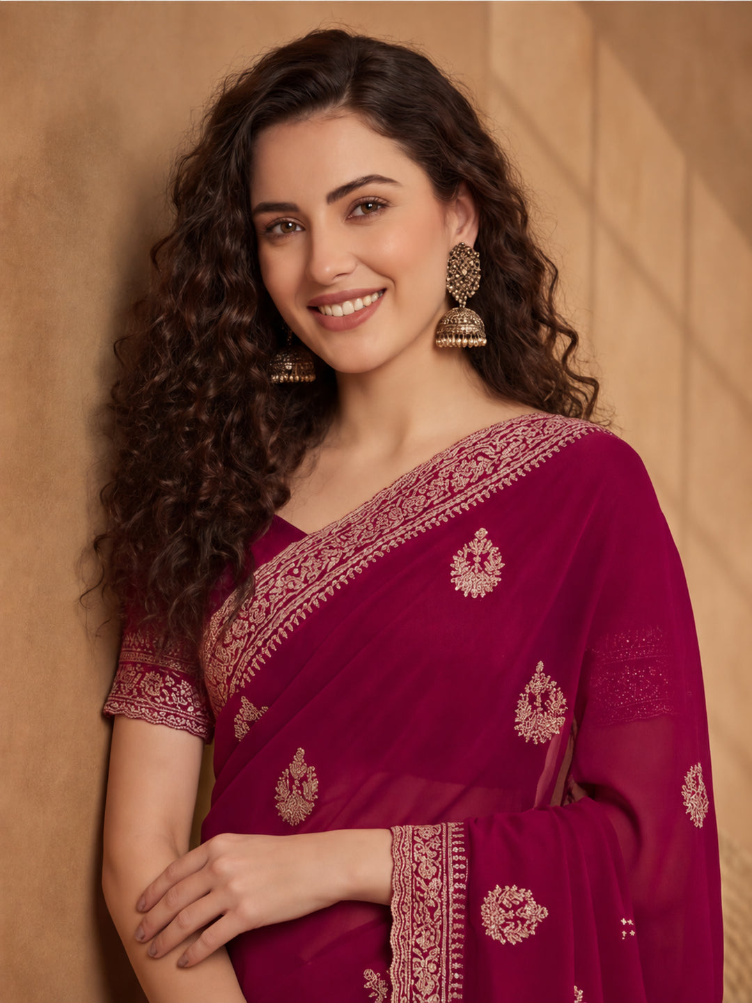 Rani Georgette Saree with Beautiful Embroidered Patterns by Jaipur Kurti