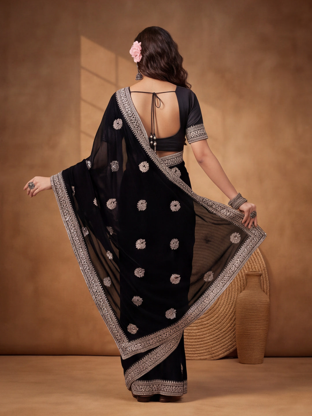 Black Georgette Saree with Modern Embroidered Appeal by Jaipur Kurti