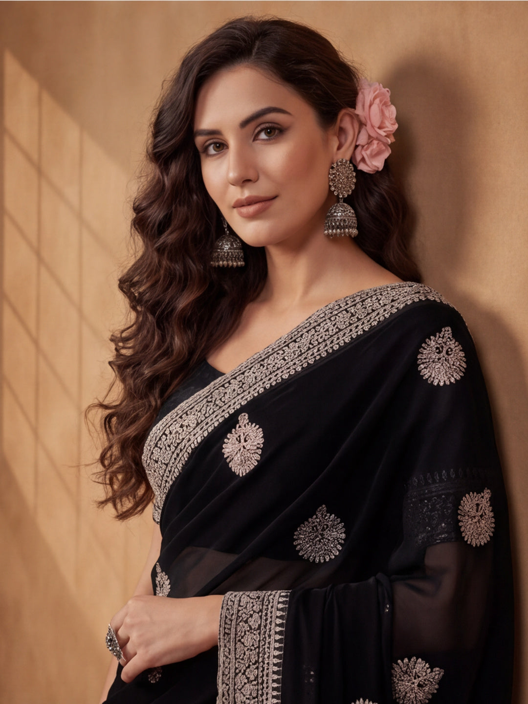 Black Georgette Saree with Modern Embroidered Appeal by Jaipur Kurti