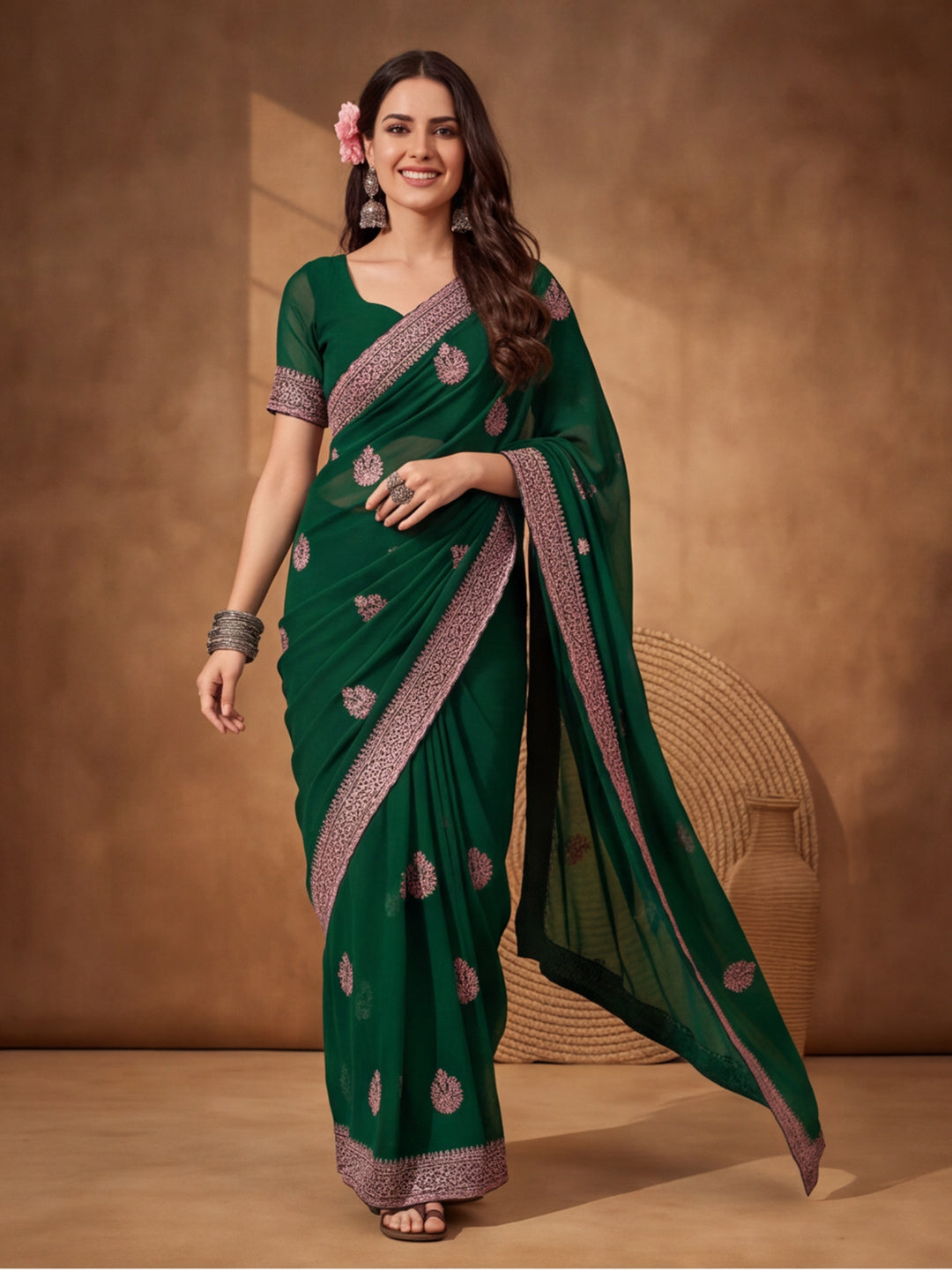 Bottle Green Georgette Saree with Luxurious Embroidered Touch by Jaipur Kurti
