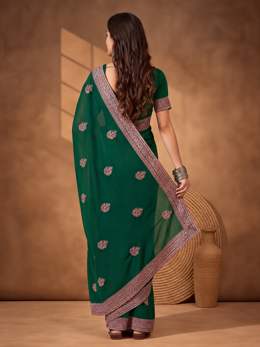 Bottle Green Georgette Saree with Luxurious Embroidered Touch by Jaipur Kurti