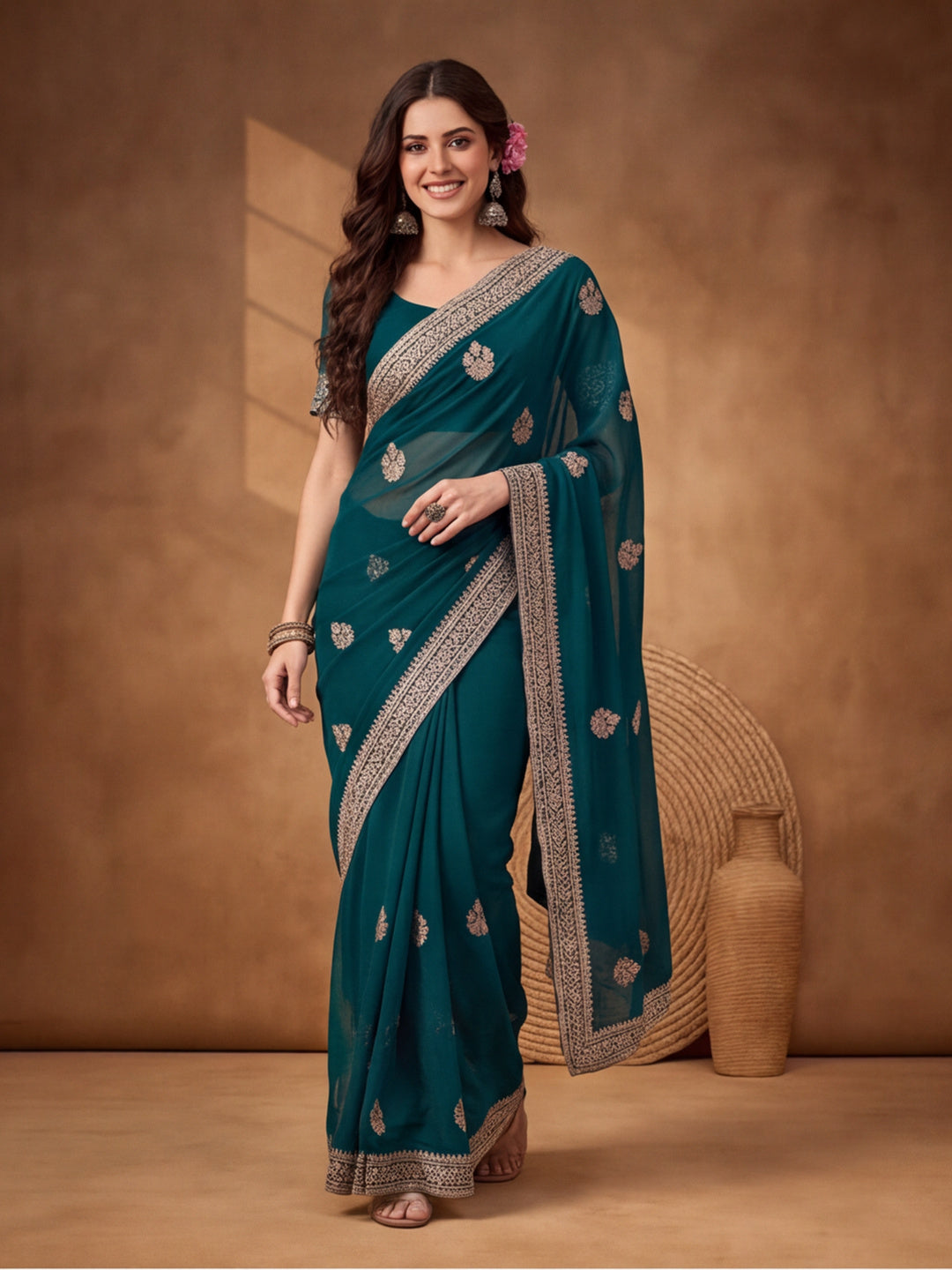 Teal Georgette Saree with Sophisticated Embroidered Work by Jaipur Kurti