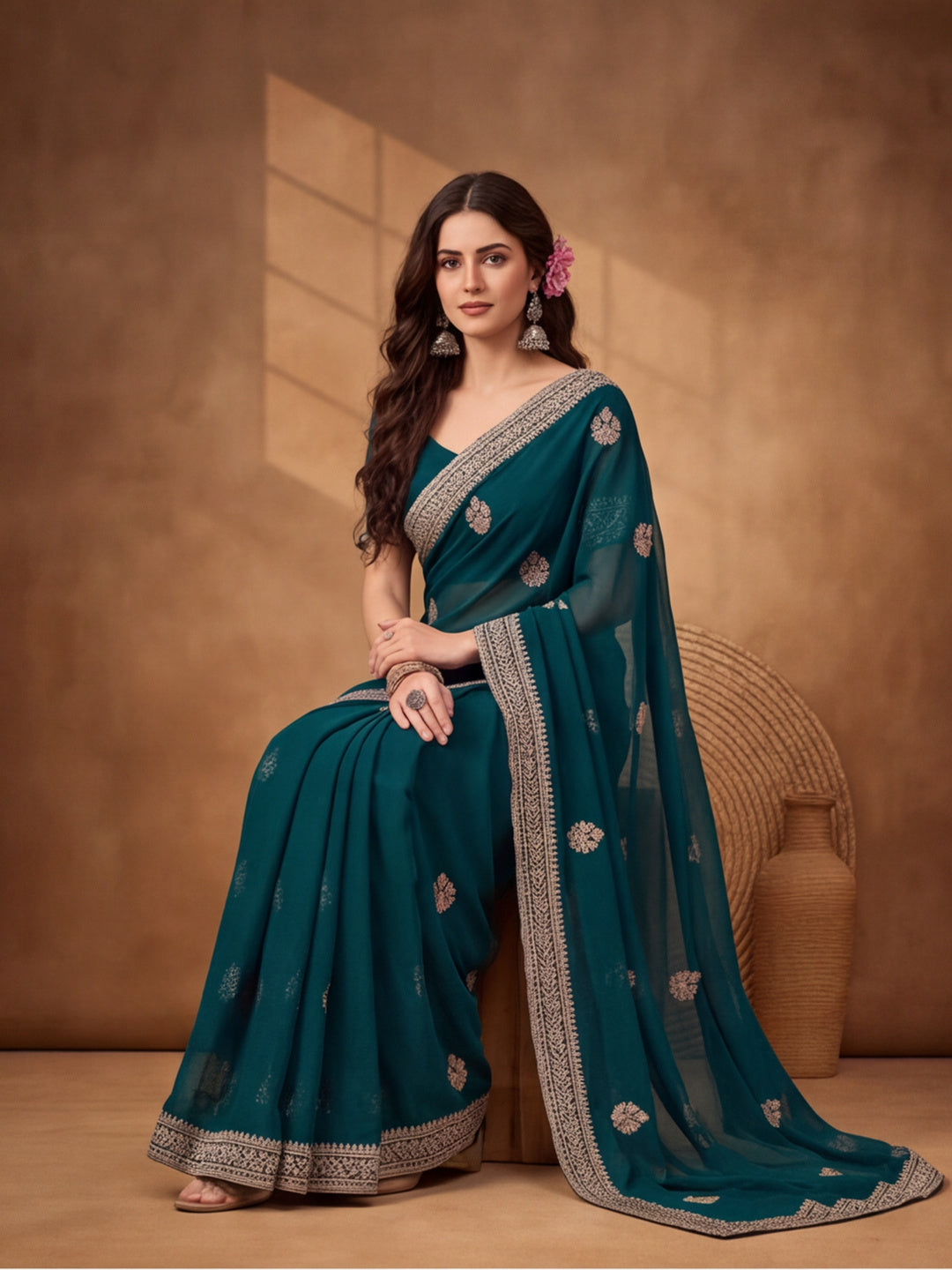 Teal Georgette Saree with Sophisticated Embroidered Work by Jaipur Kurti