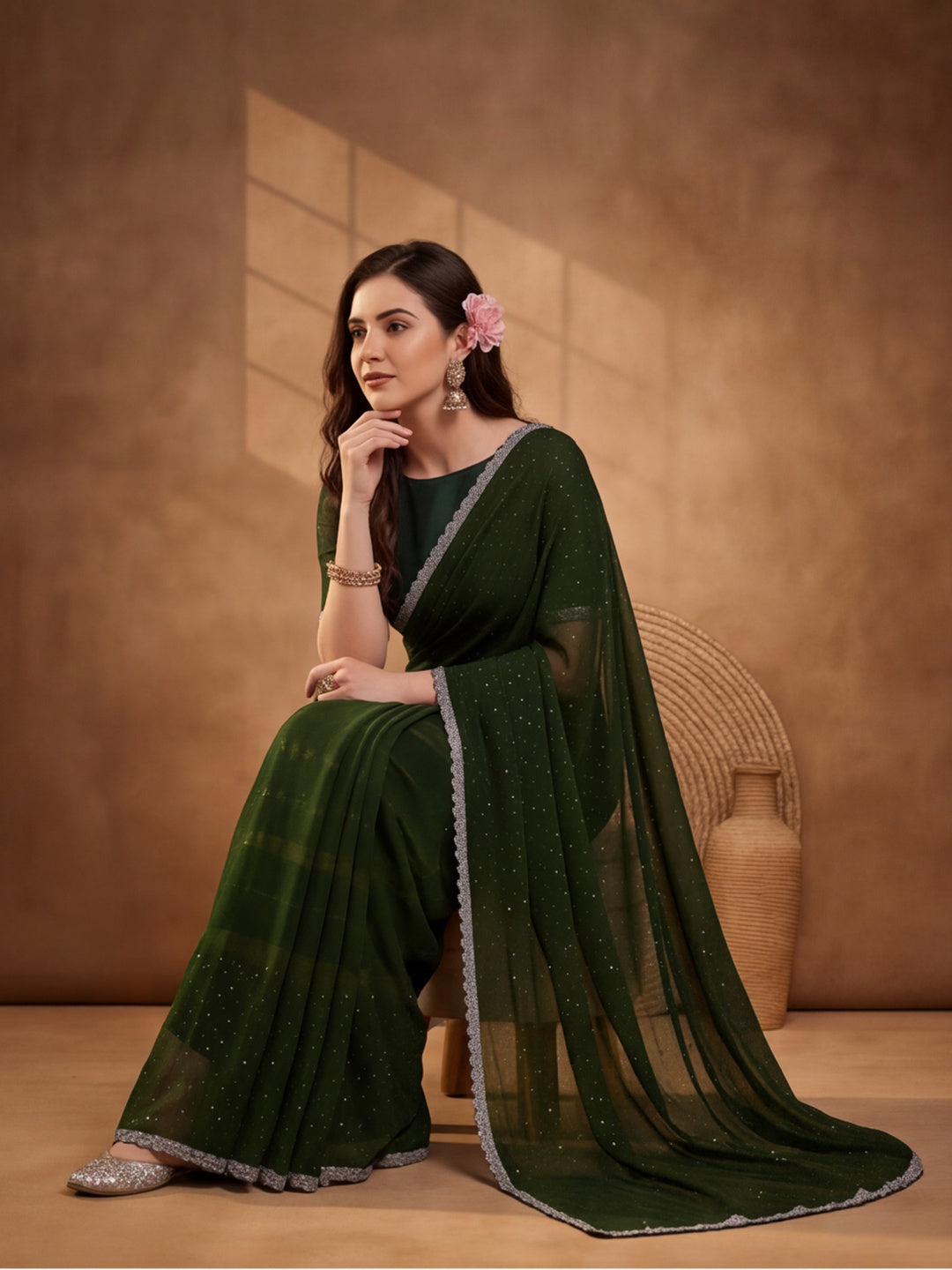Olive Vichitra Silk Embellished Saree for Women by Jaipur Kurti