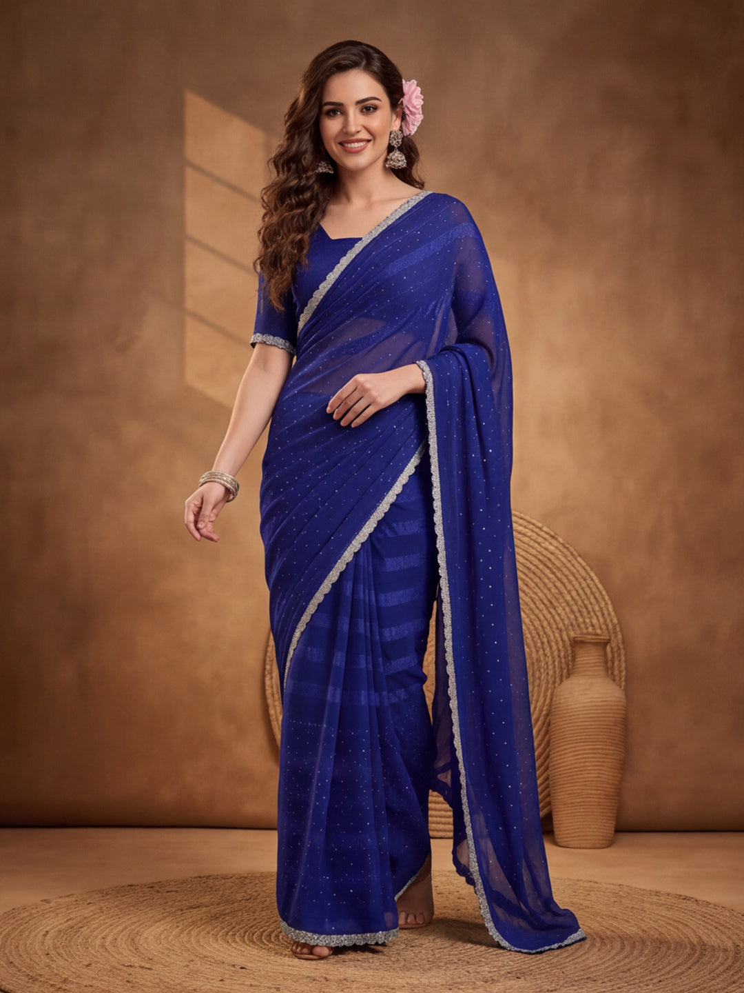 Royal Blue Vichitra Silk Embellished Saree for Women by Jaipur Kurti