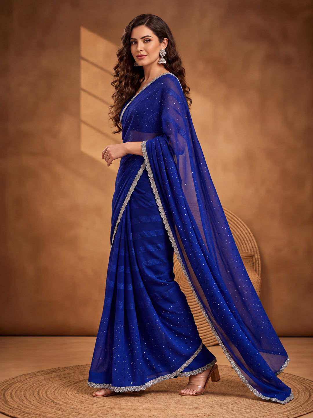 Royal Blue Vichitra Silk Embellished Saree for Women by Jaipur Kurti