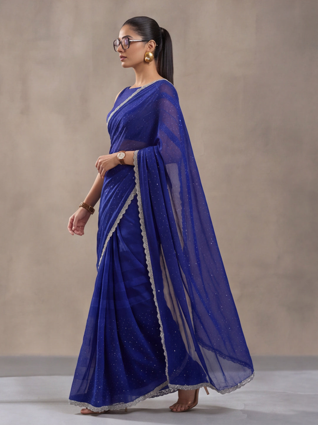 Royal Blue Vichitra Silk Embellished Saree for Women by Jaipur Kurti