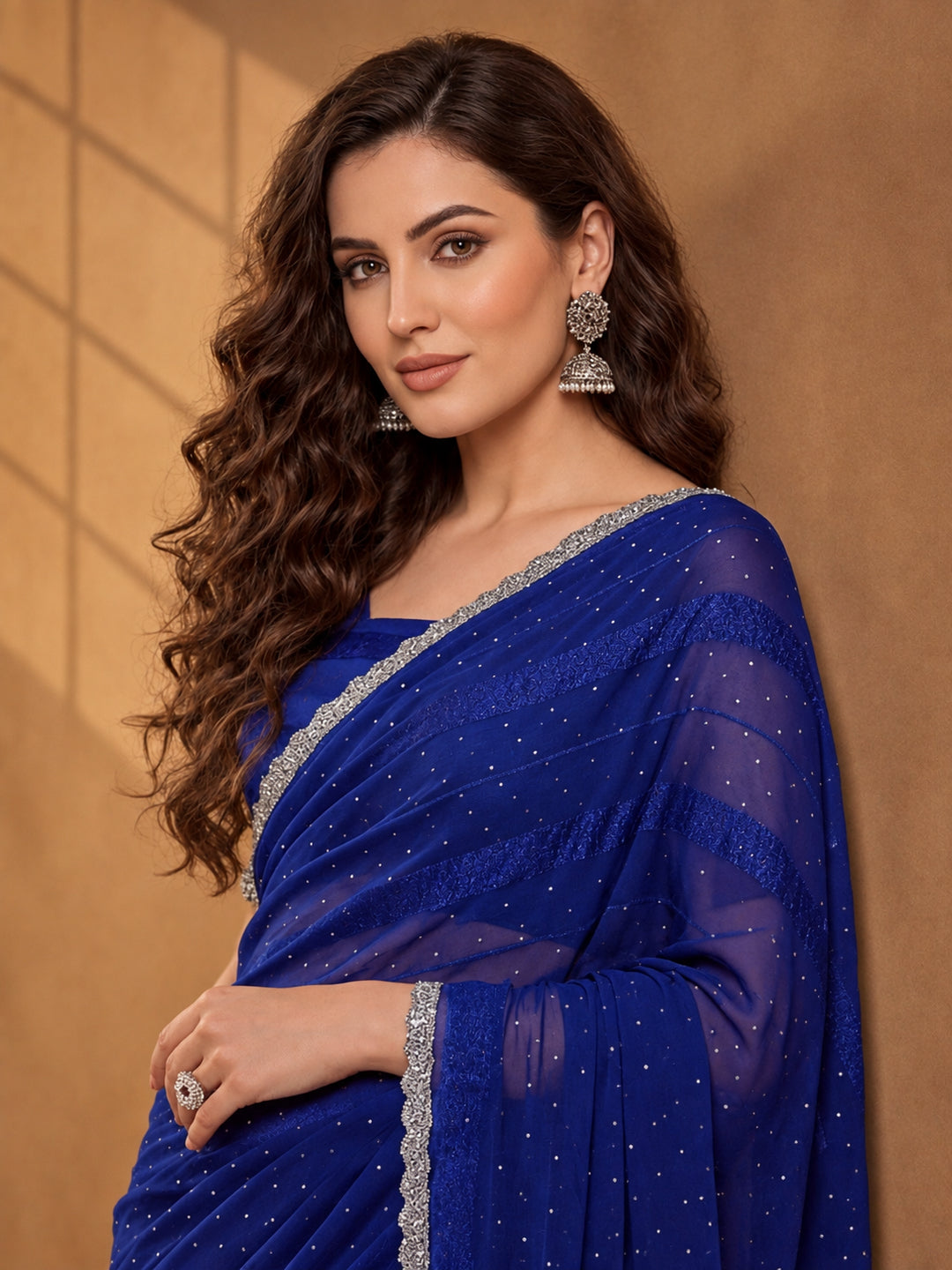 Royal Blue Vichitra Silk Embellished Saree for Women by Jaipur Kurti