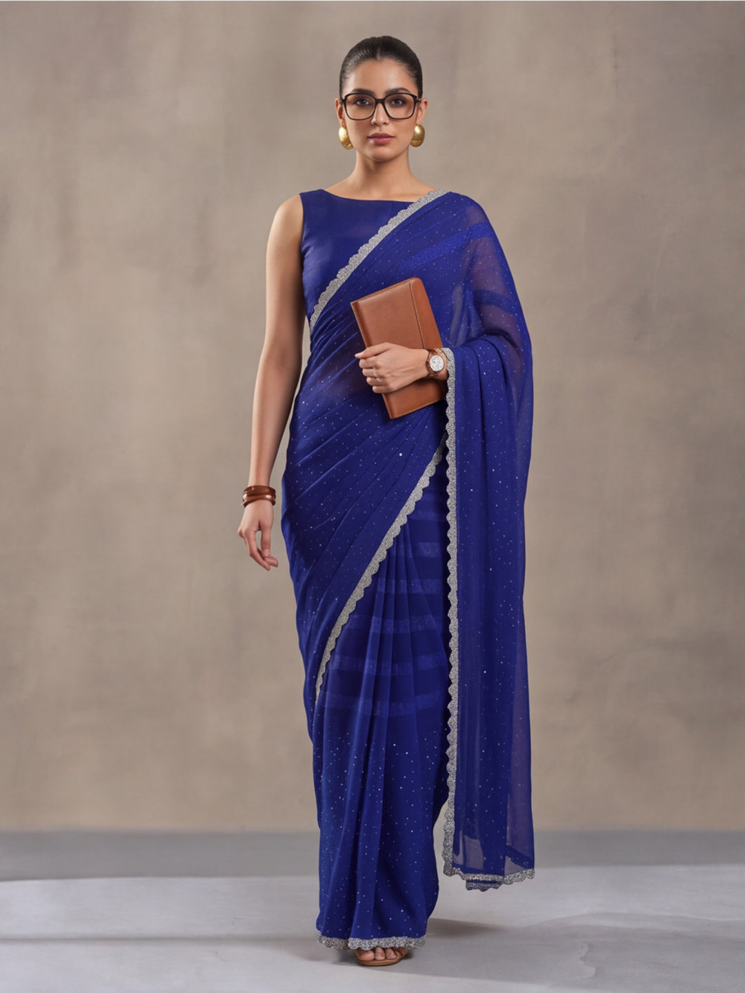 Royal Blue Vichitra Silk Embellished Saree for Women by Jaipur Kurti