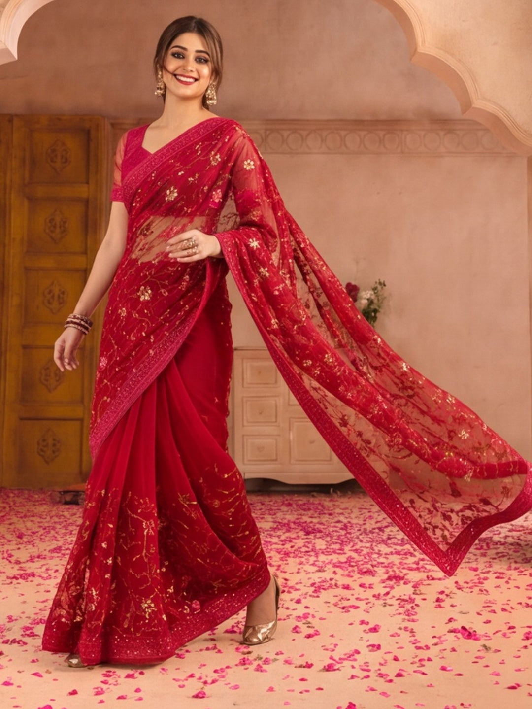 Magenta Color Embroidered Work Net Saree By Jaipur Kurti