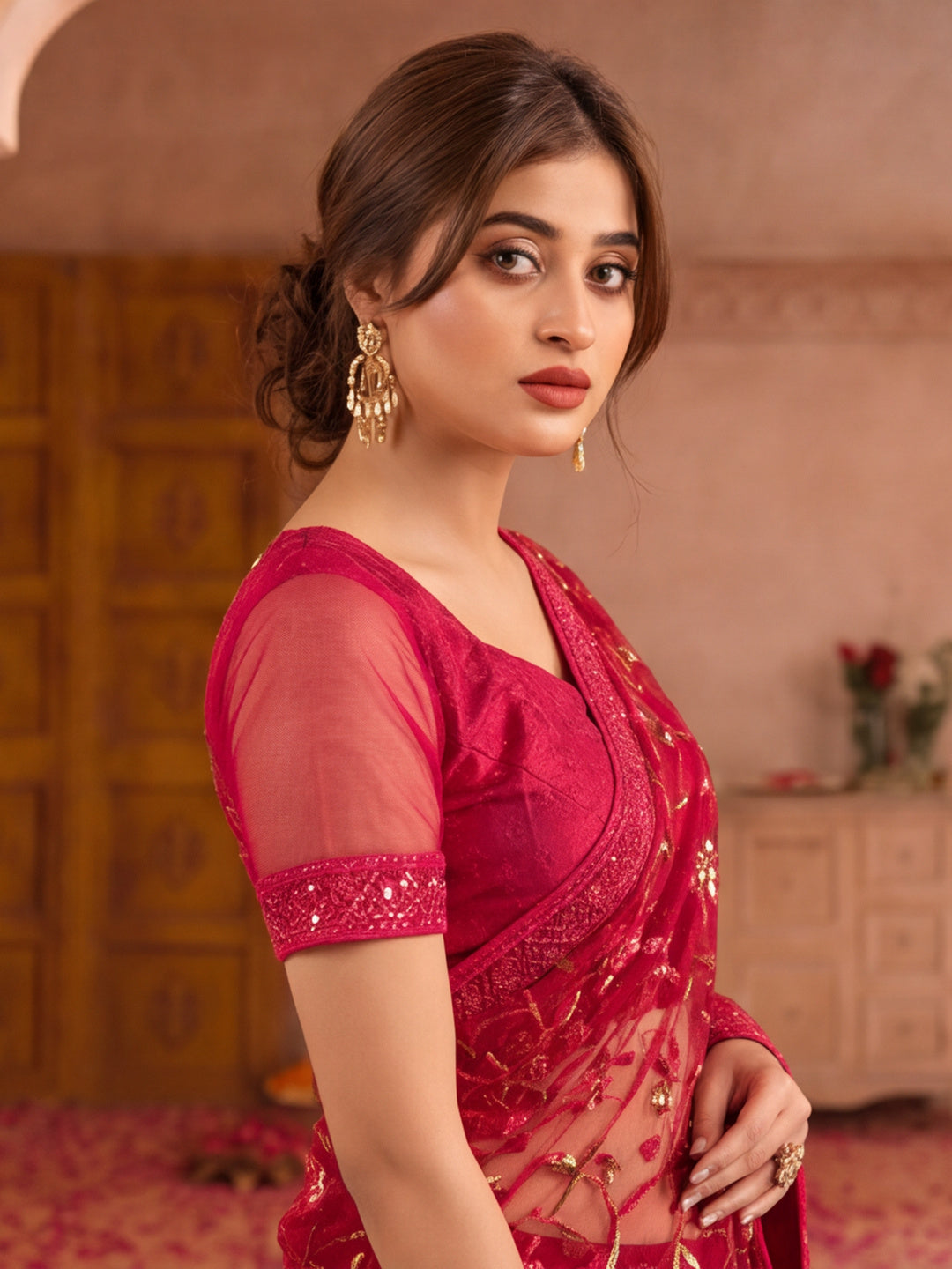 Magenta Color Embroidered Work Net Saree By Jaipur Kurti