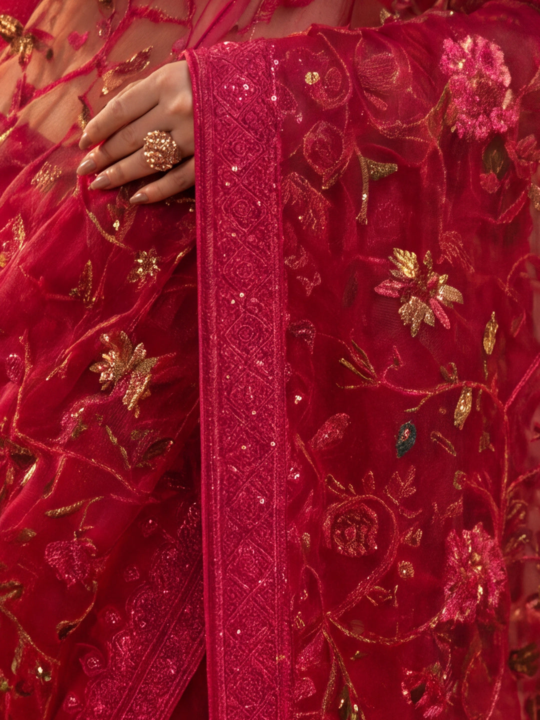 Magenta Color Embroidered Work Net Saree By Jaipur Kurti