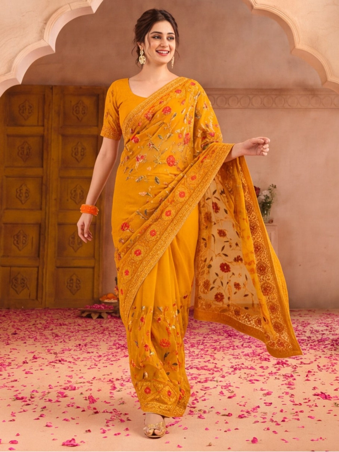 Mustard Color Embroidered Work Net Saree By Jaipur Kurti