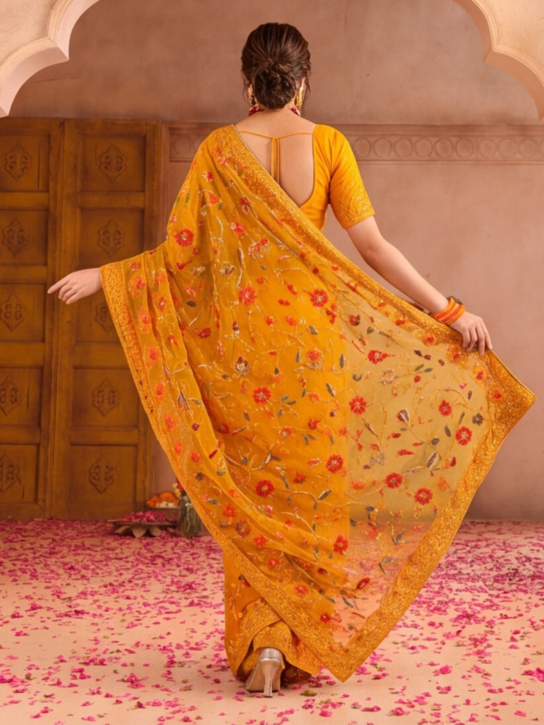 Mustard Color Embroidered Work Net Saree By Jaipur Kurti
