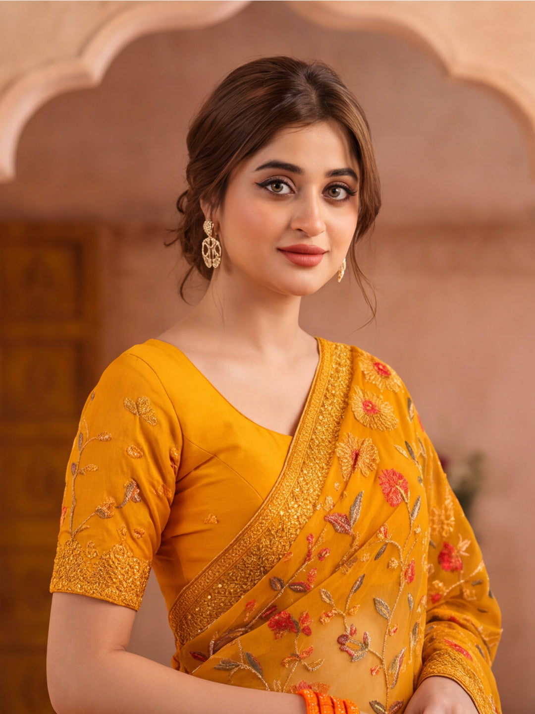 Mustard Color Embroidered Work Net Saree By Jaipur Kurti