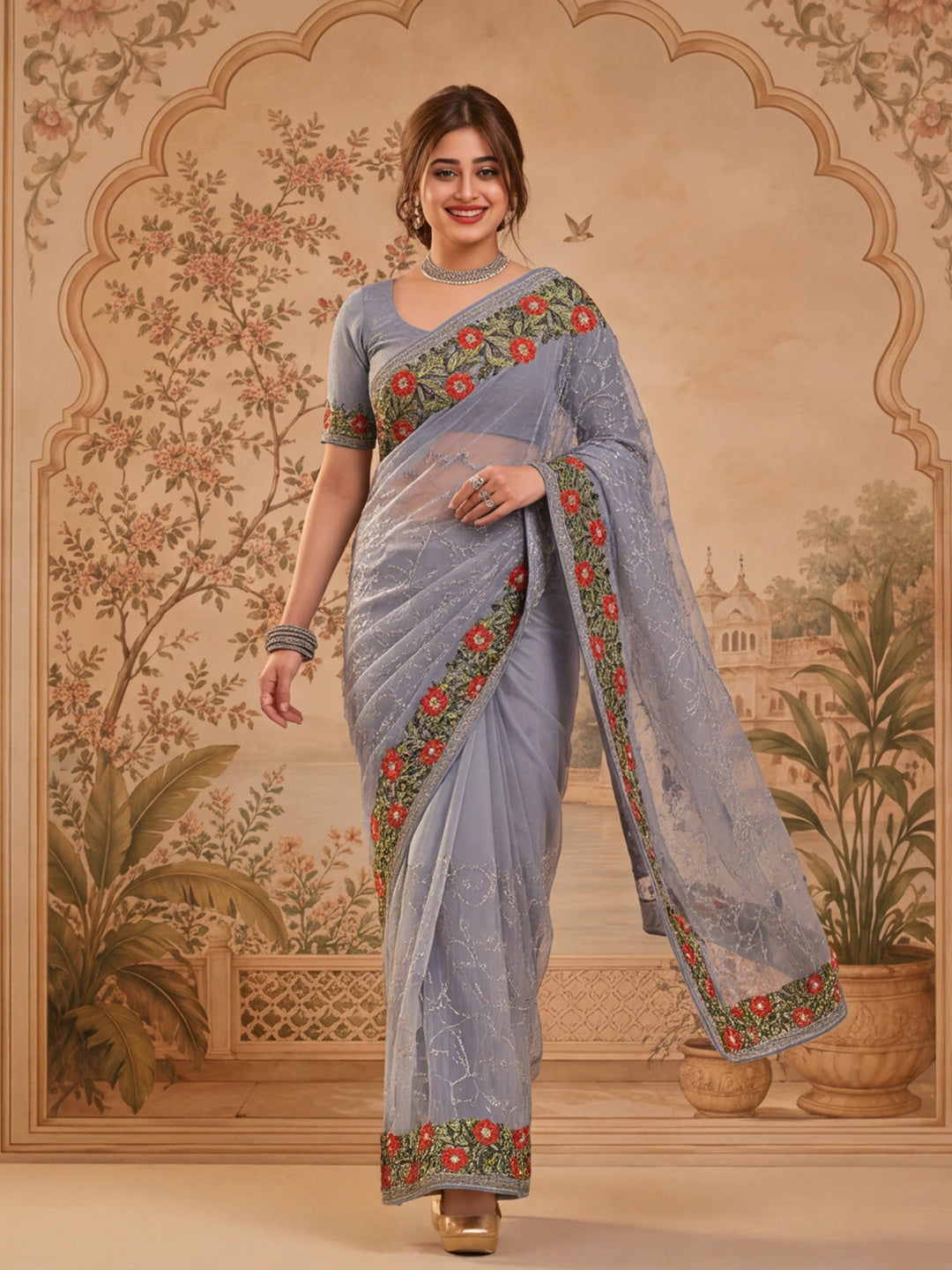 Grey Color Embroidered Work Net Saree By Jaipur Kurti