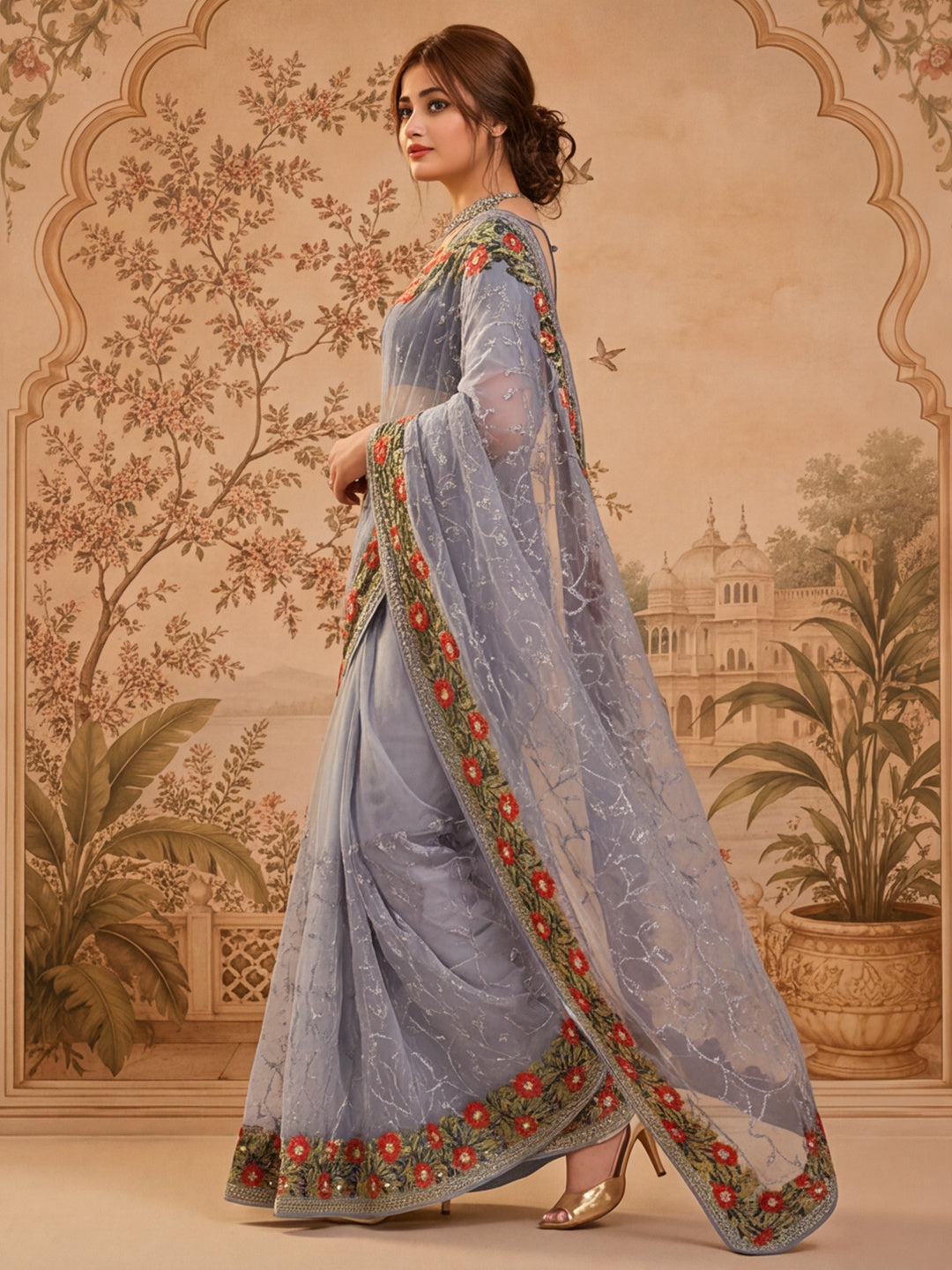 Grey Color Embroidered Work Net Saree By Jaipur Kurti