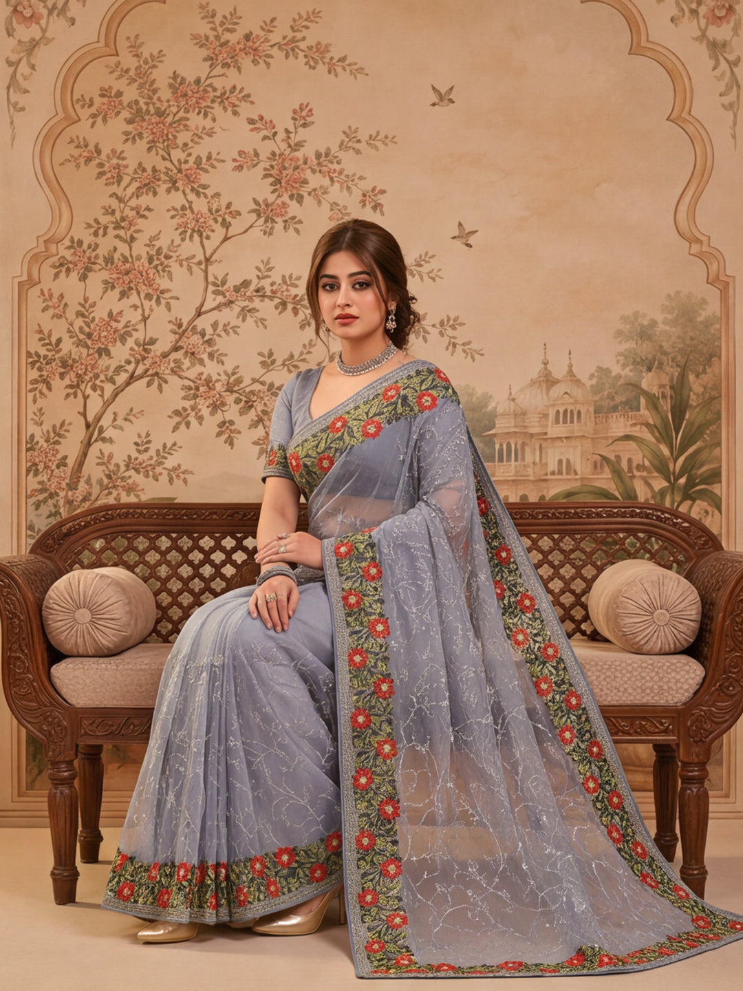 Grey Color Embroidered Work Net Saree By Jaipur Kurti