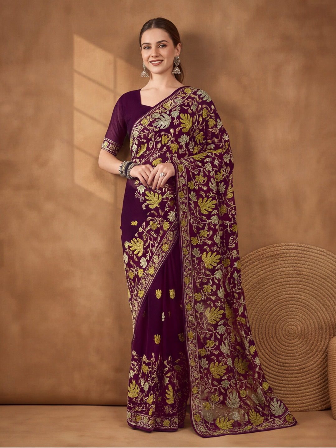 Jaipur Kurti Women's Burgundy Georgette Embroidered Saree – Stunning in Black Georgette