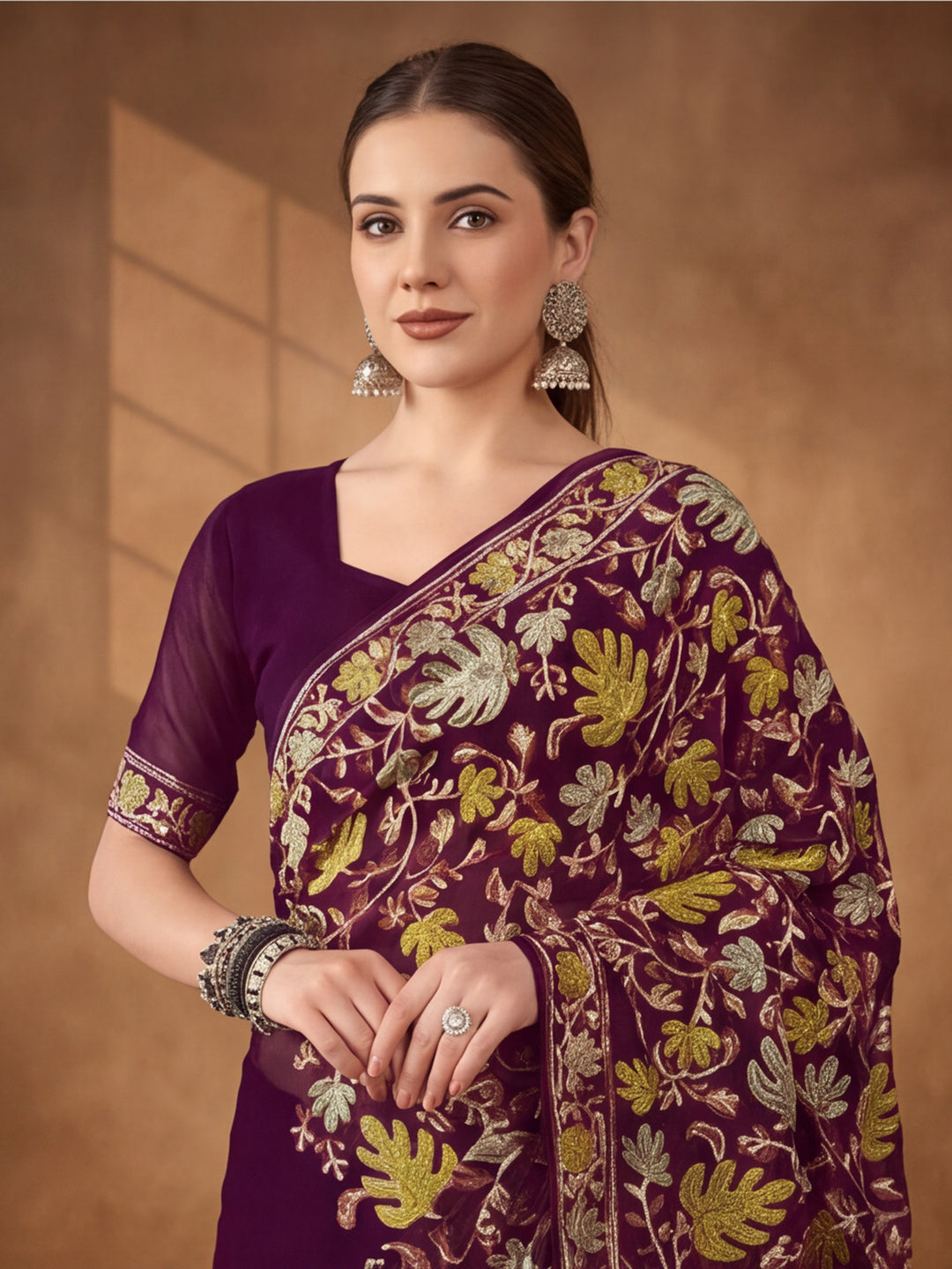 Jaipur Kurti Women's Burgundy Georgette Embroidered Saree – Stunning in Black Georgette