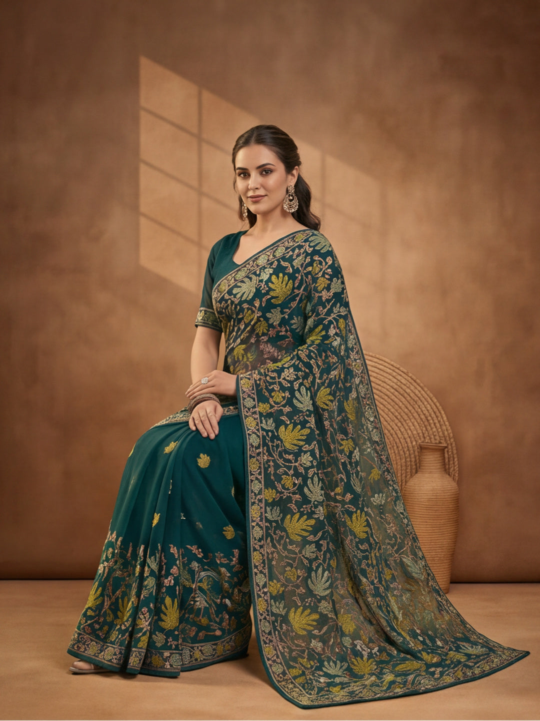 Jaipur Kurti Women's Teal Georgette Embroidered Saree – Stunning in Black Georgette