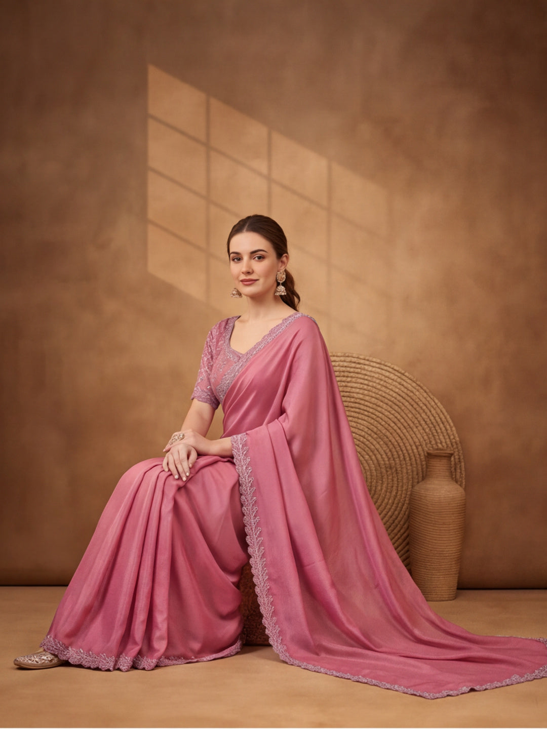 Baby Pink Heavy Satin Chiffon Saree with Designer Embellishments – By Jaipur Kurti