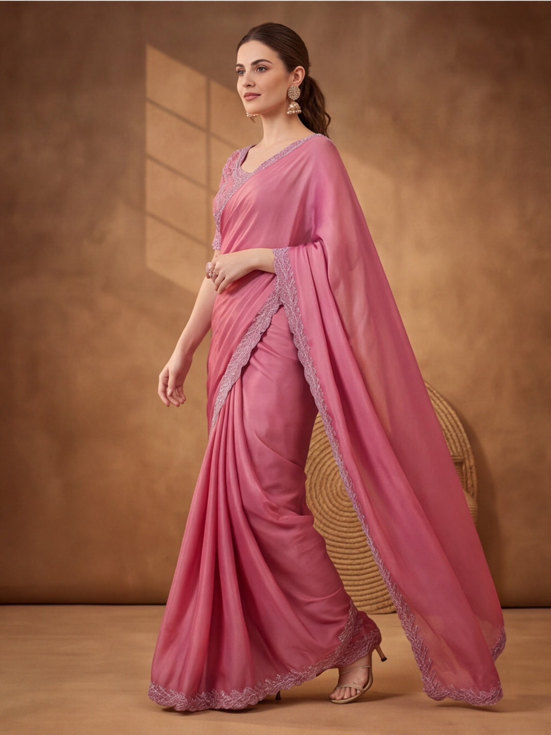 Baby Pink Heavy Satin Chiffon Saree with Designer Embellishments – By Jaipur Kurti