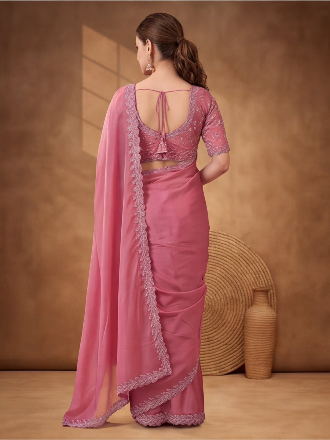 Baby Pink Heavy Satin Chiffon Saree with Designer Embellishments – By Jaipur Kurti