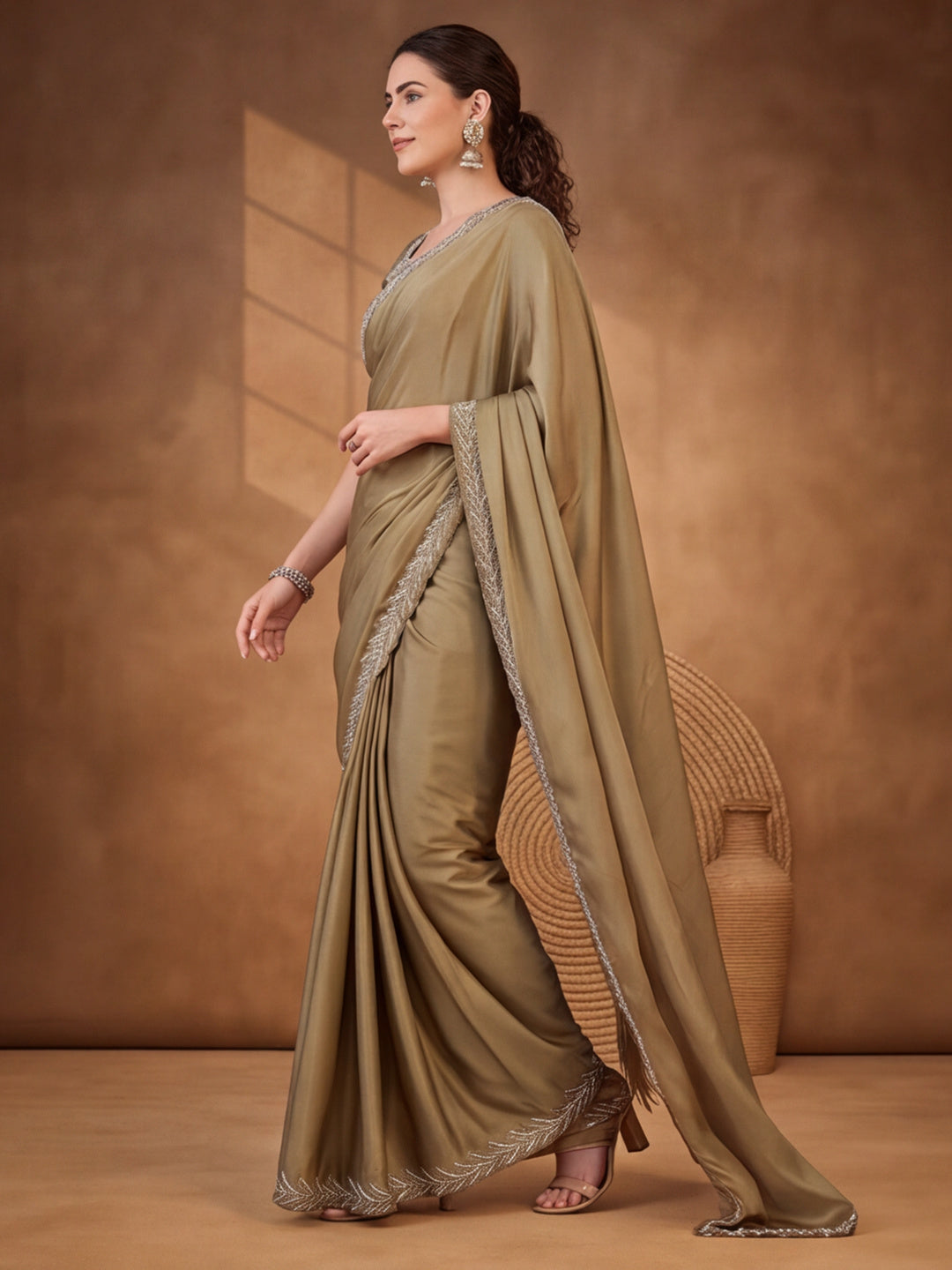 Graceful Sea Green Heavy Satin Chiffon Embellished Saree – By Jaipur Kurti